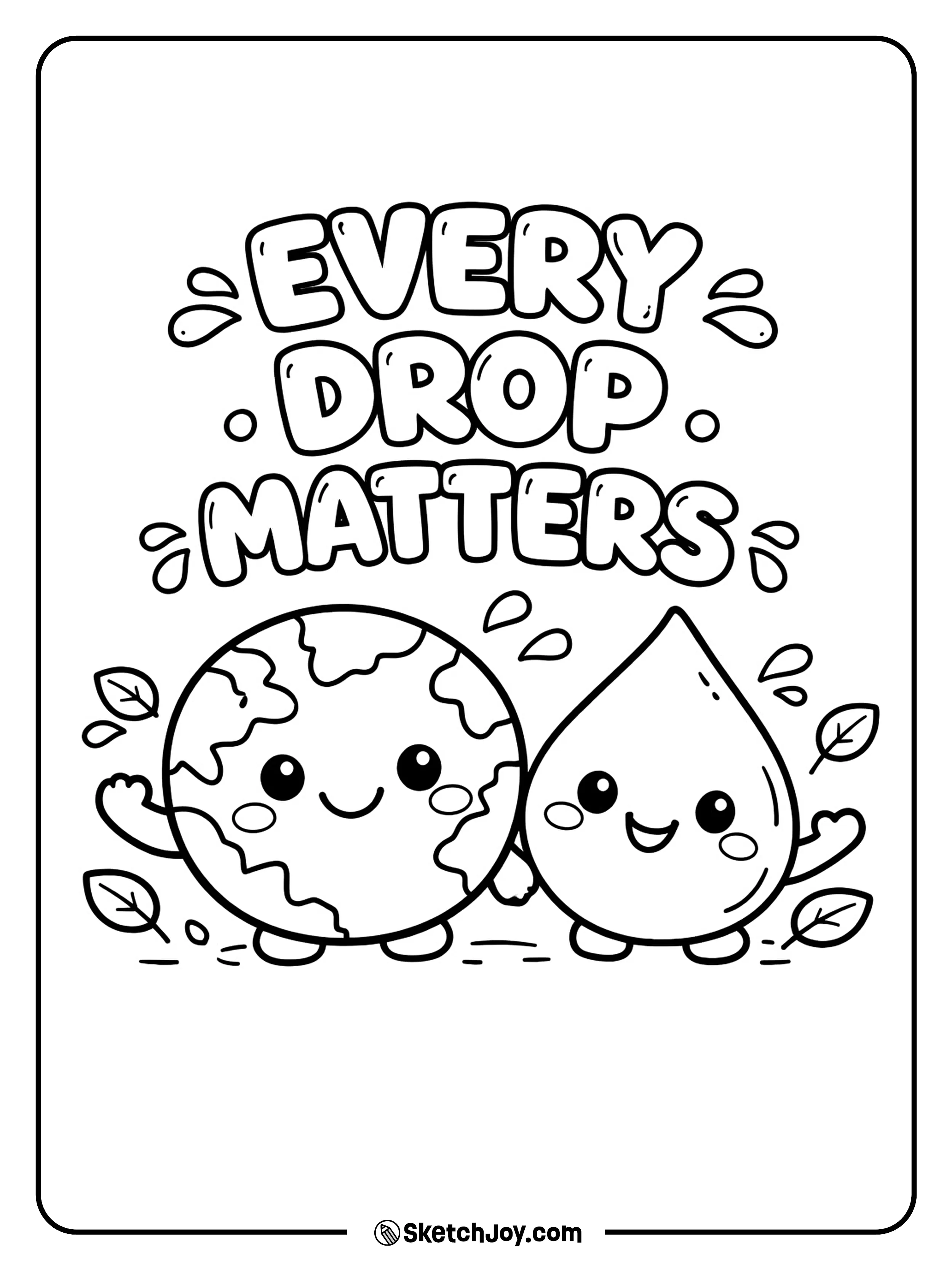 The Earth and a water drop smile together in a clean simple scene.