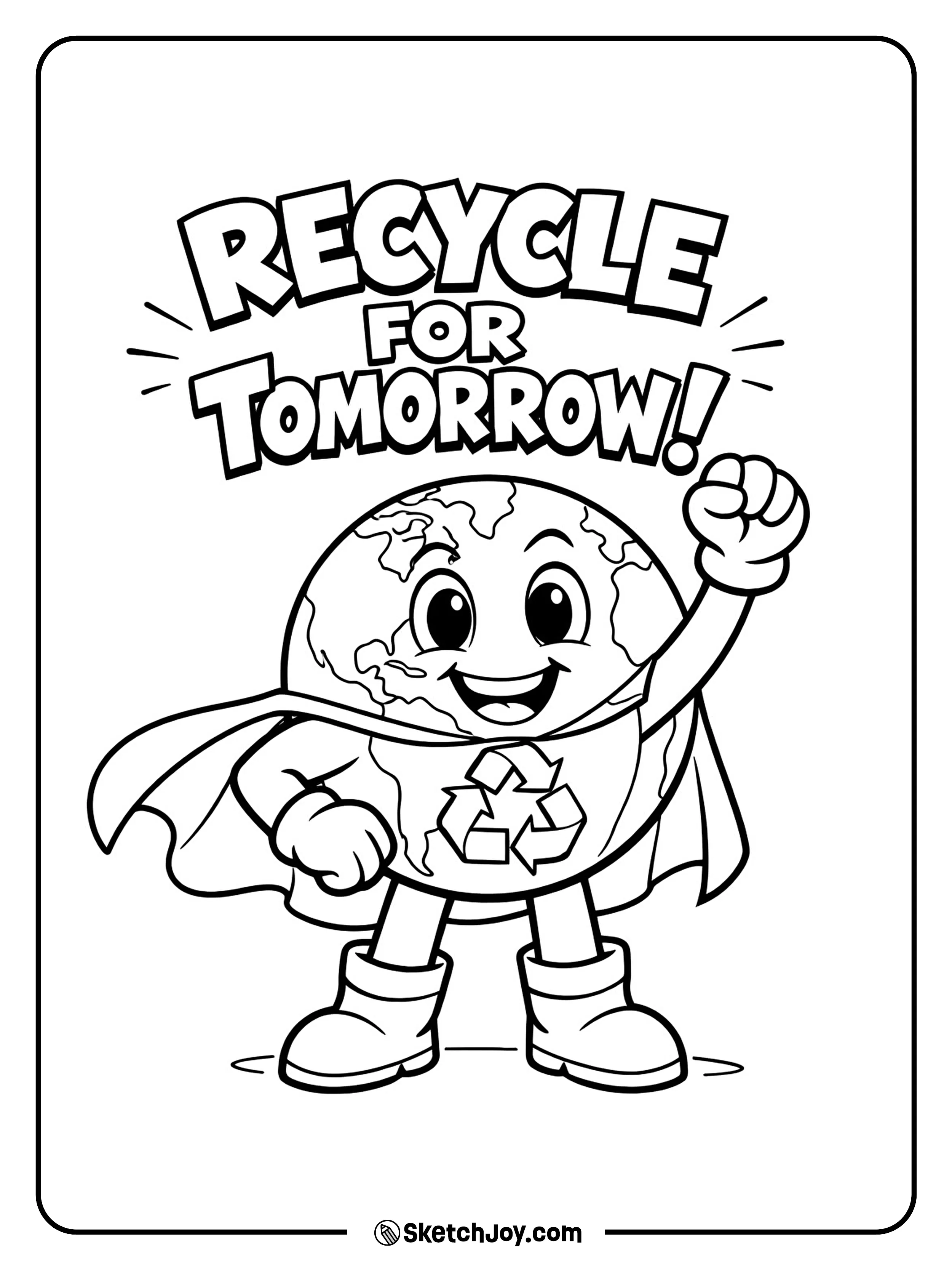 A bold Earth wears a cape with a recycle sign and smiles.