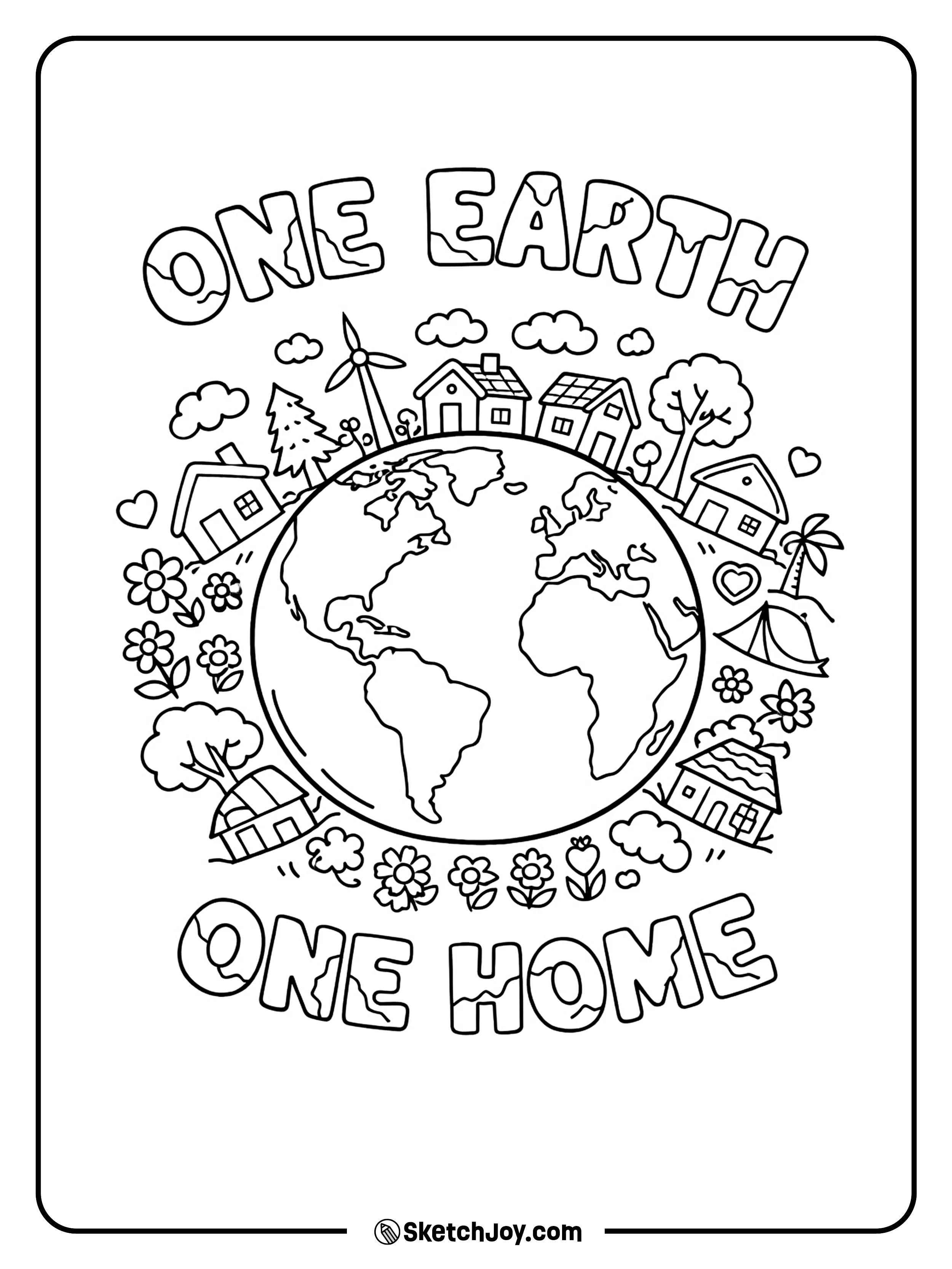 Small homes and trees circle the Earth in a neat pattern.