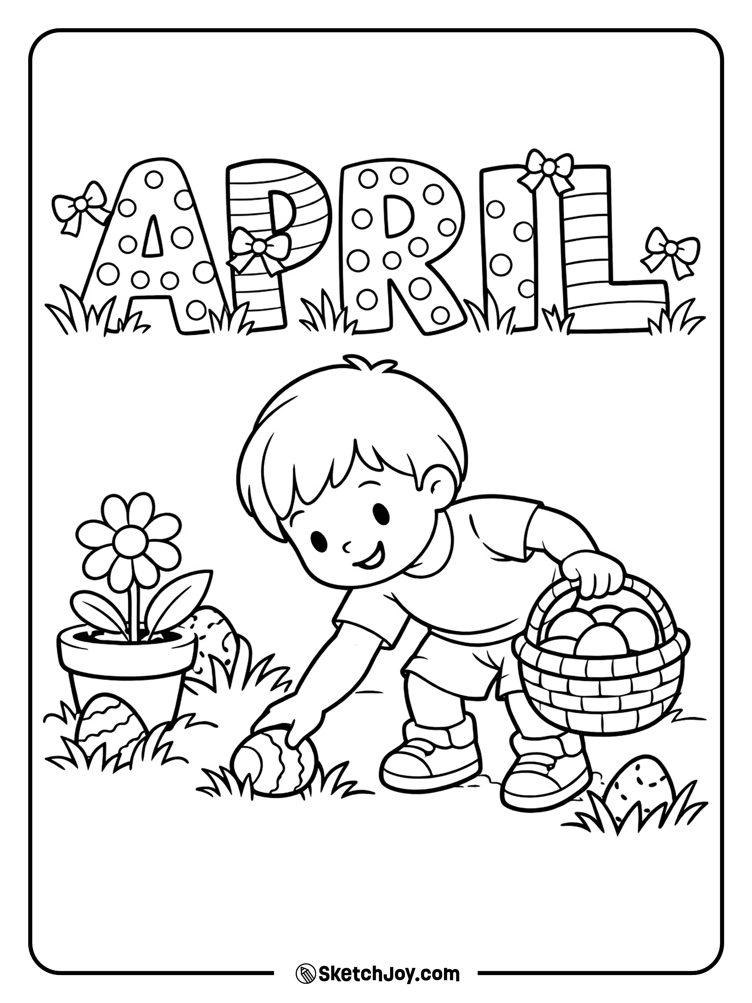 A child looks for hidden eggs in a simple spring yard.