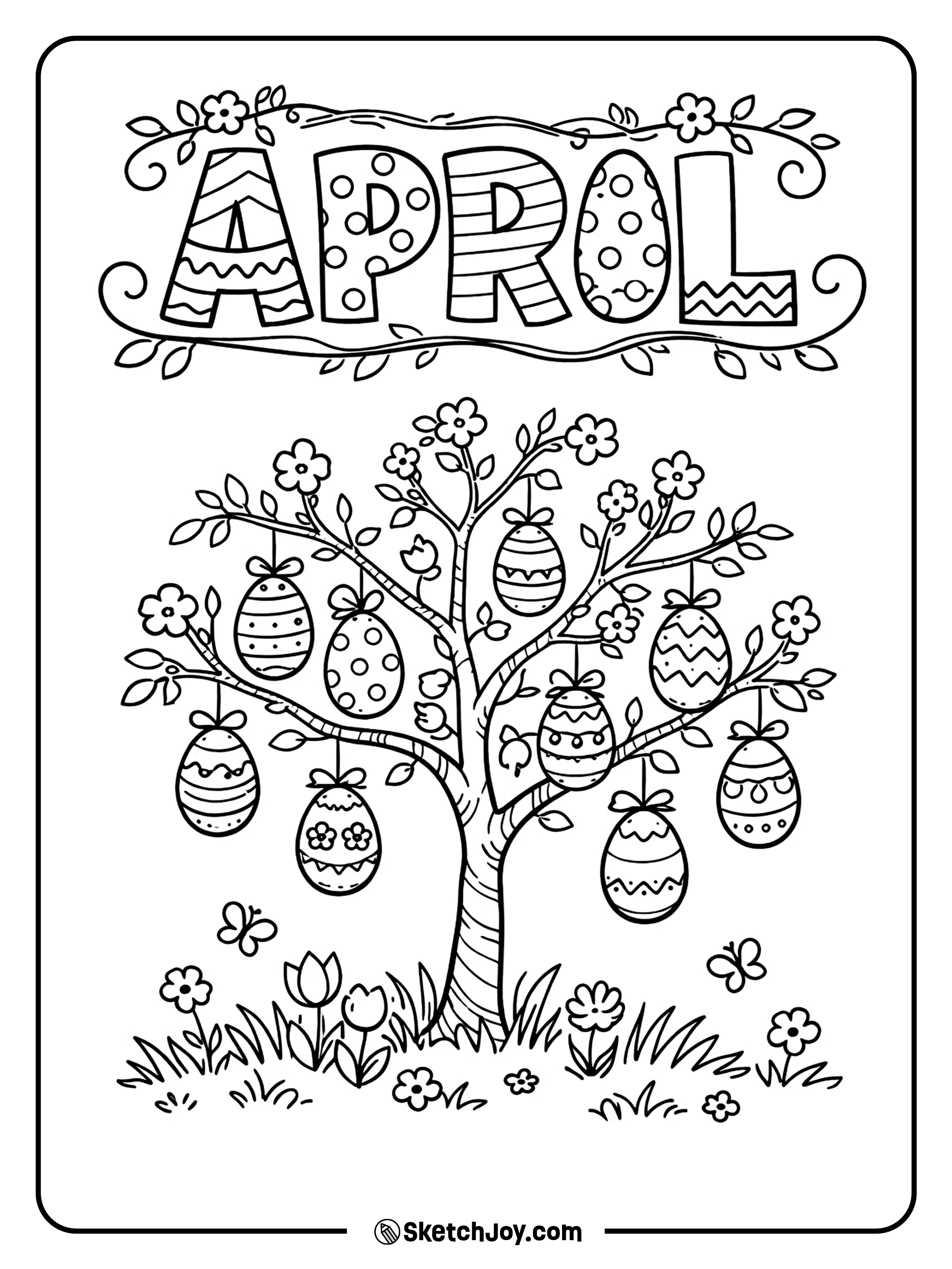 A small tree is decorated with hanging eggs and bows.