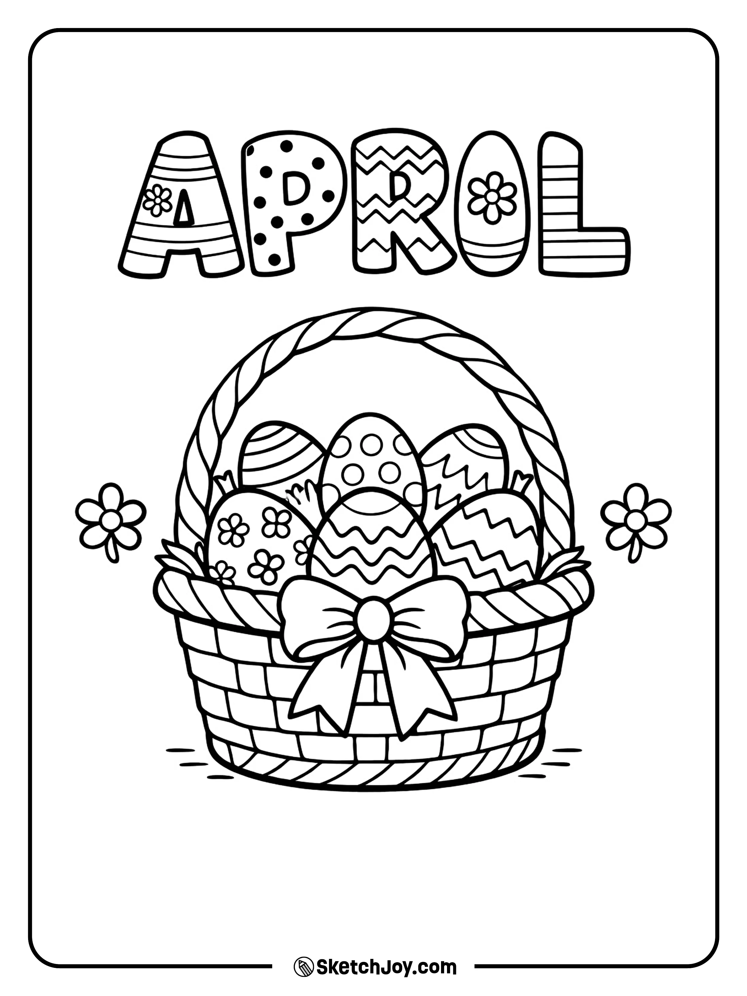 A woven basket full of decorated eggs sits below APRIL.