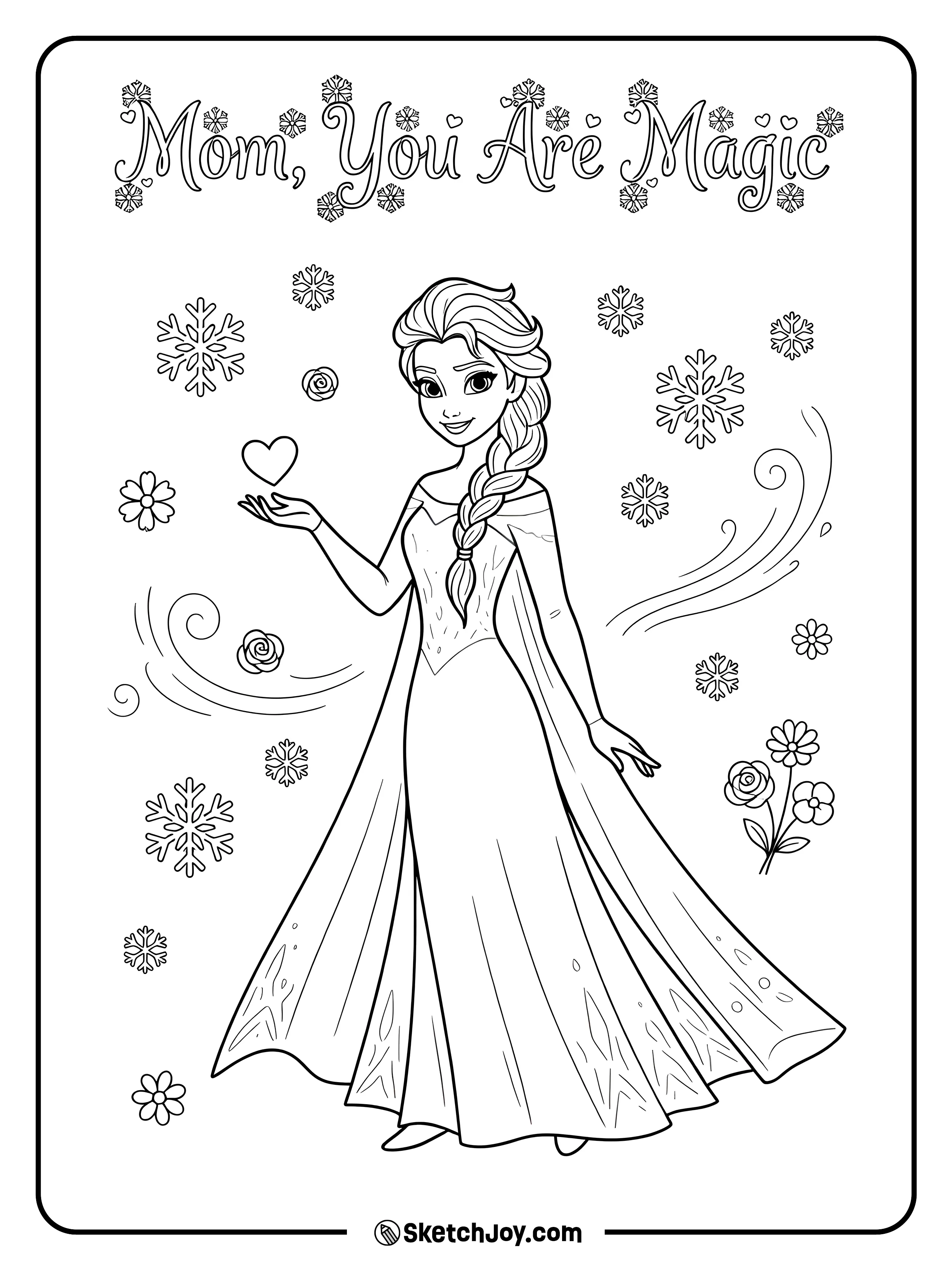 Elsa holds a heart with a calm and loving smile.