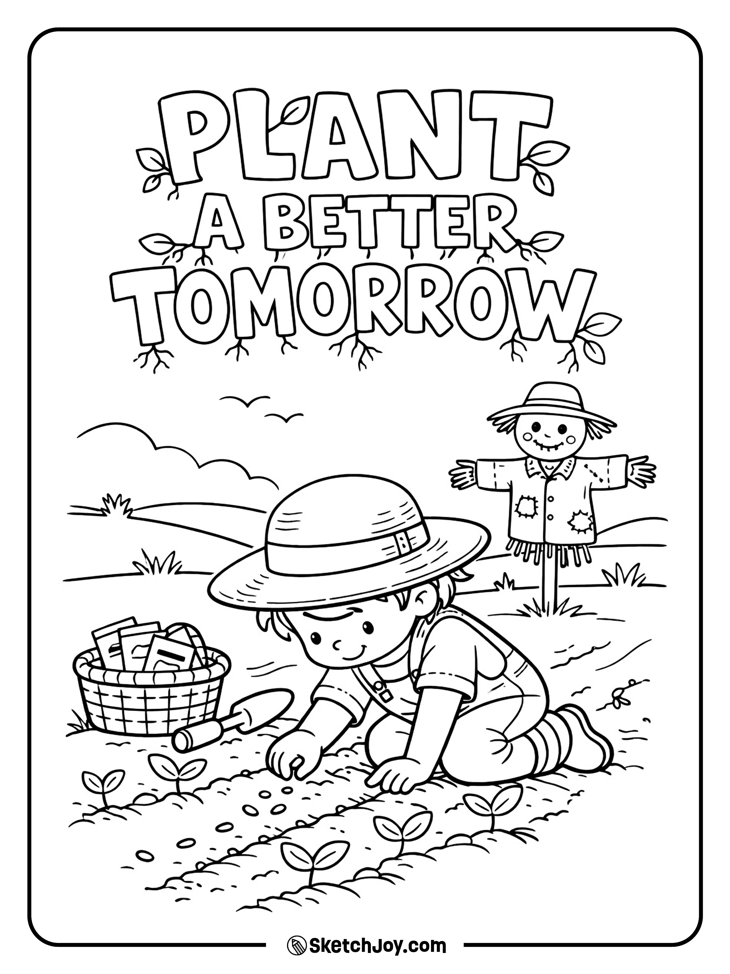 A young farmer plants seeds in neat rows under the sun.