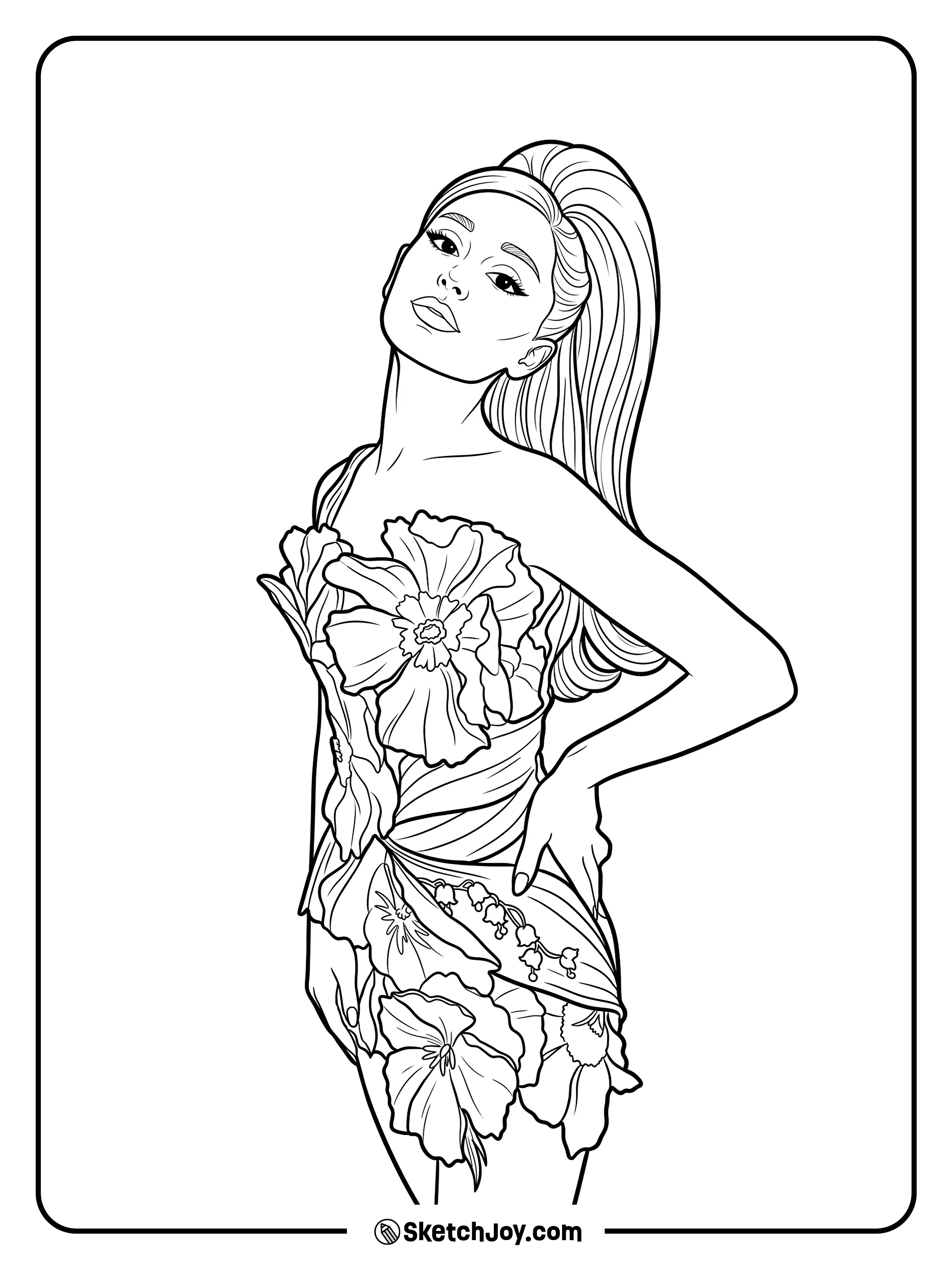 A stylish singer pose in a flower-covered dress with long hair.