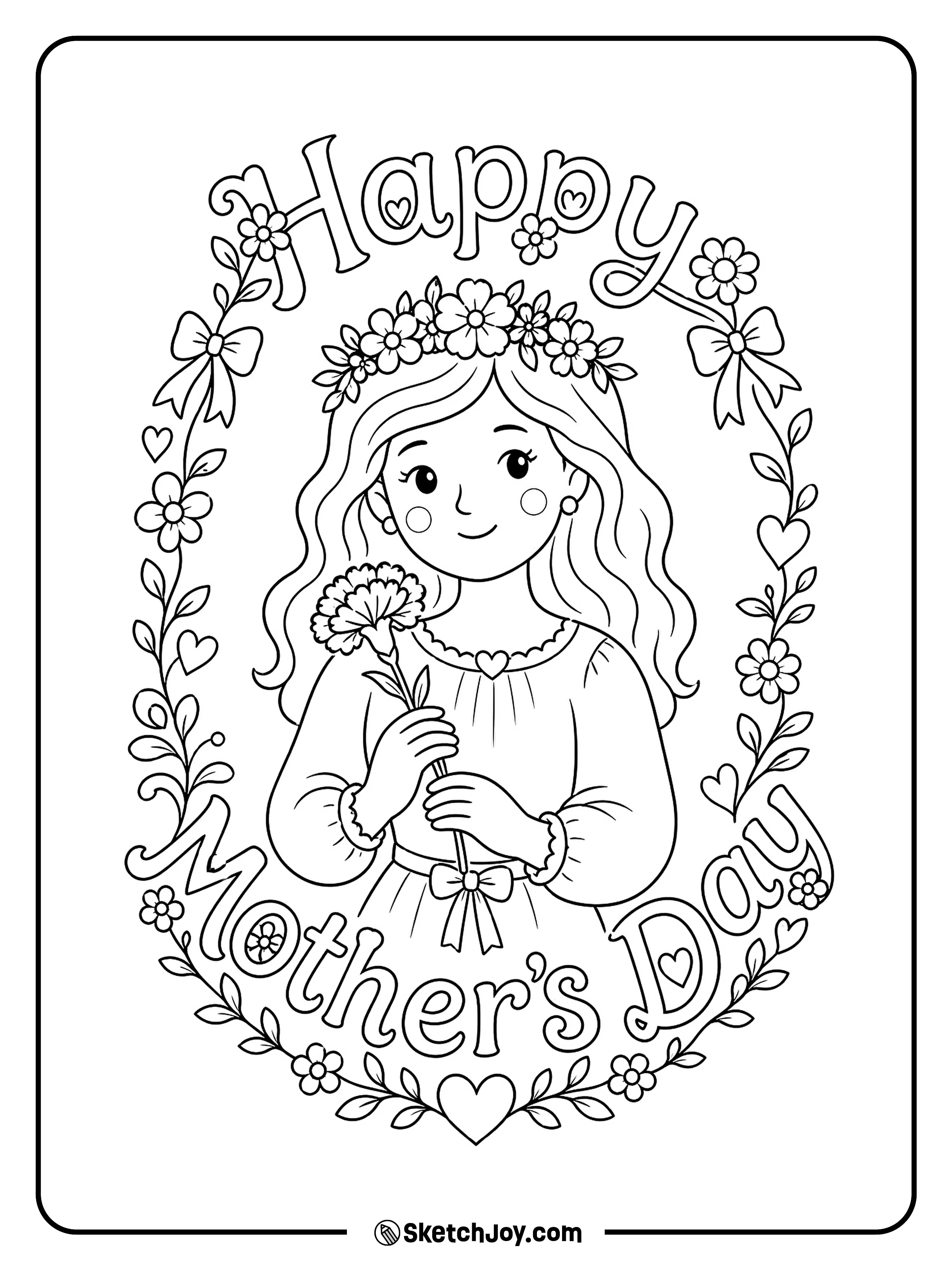 A lovely mom wears a flower crown and smiles softly.