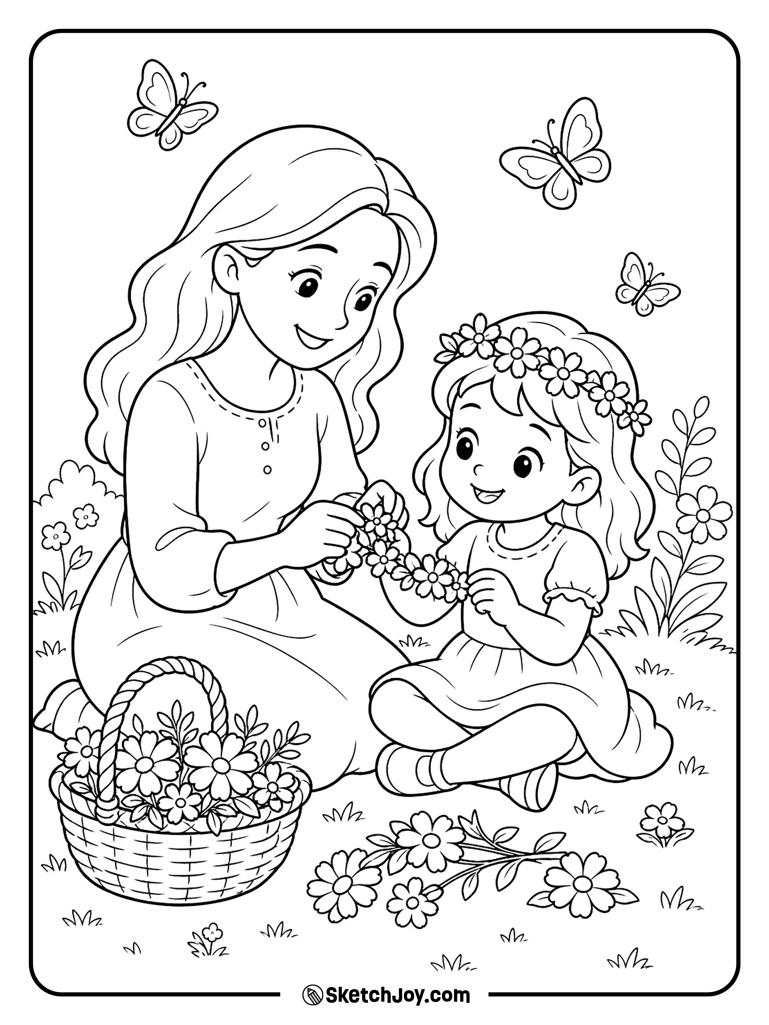 Mom and child make a flower crown side by side.