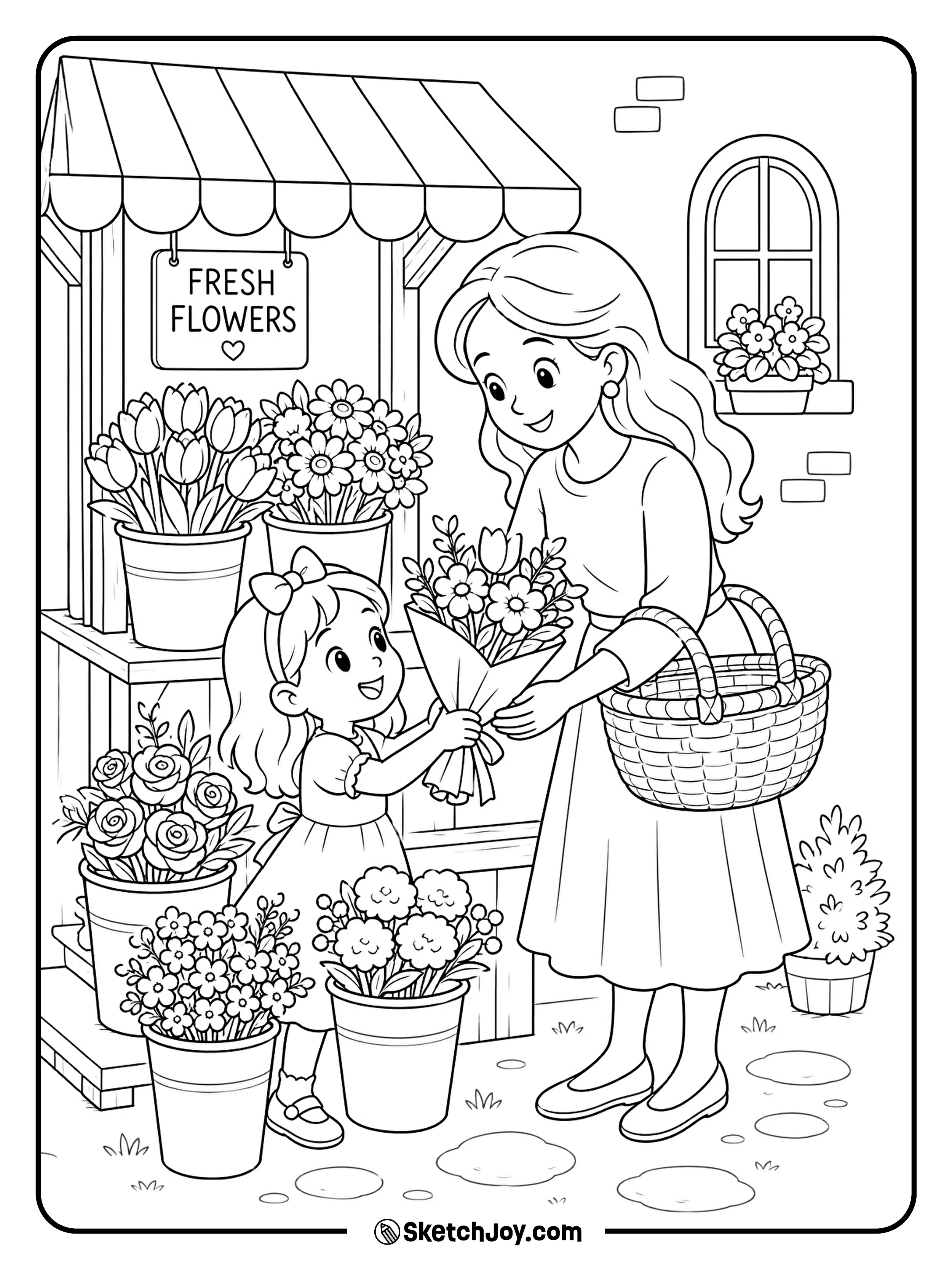 Mom and child pick flowers at a pretty market stall.