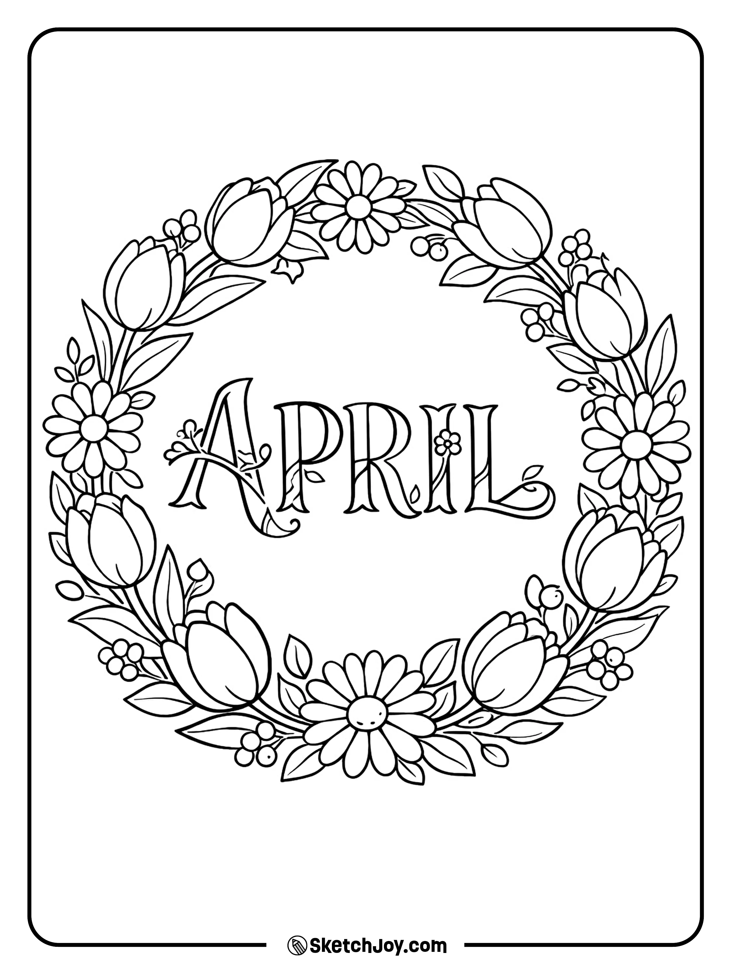 A round wreath of spring flowers circles the word APRIL.