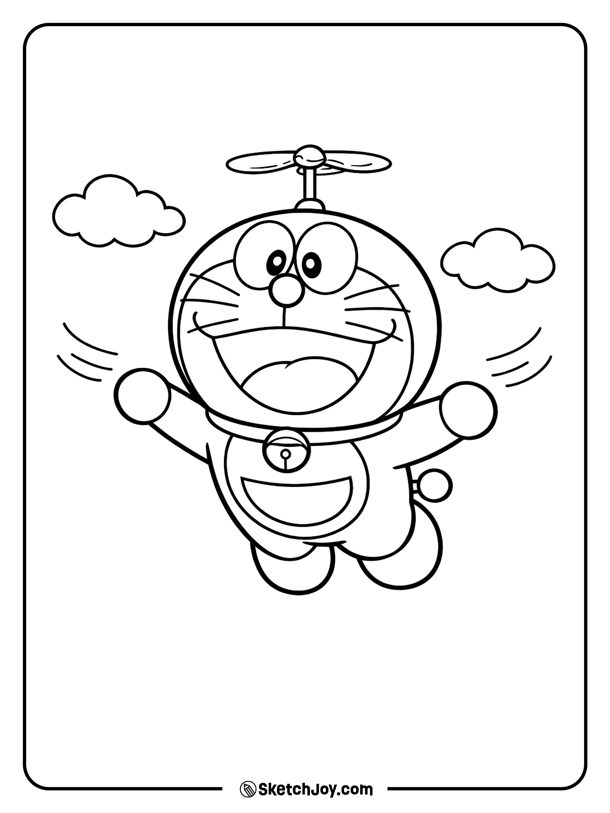 Doraemon flies in the air with a big grin and a small cloud below.
