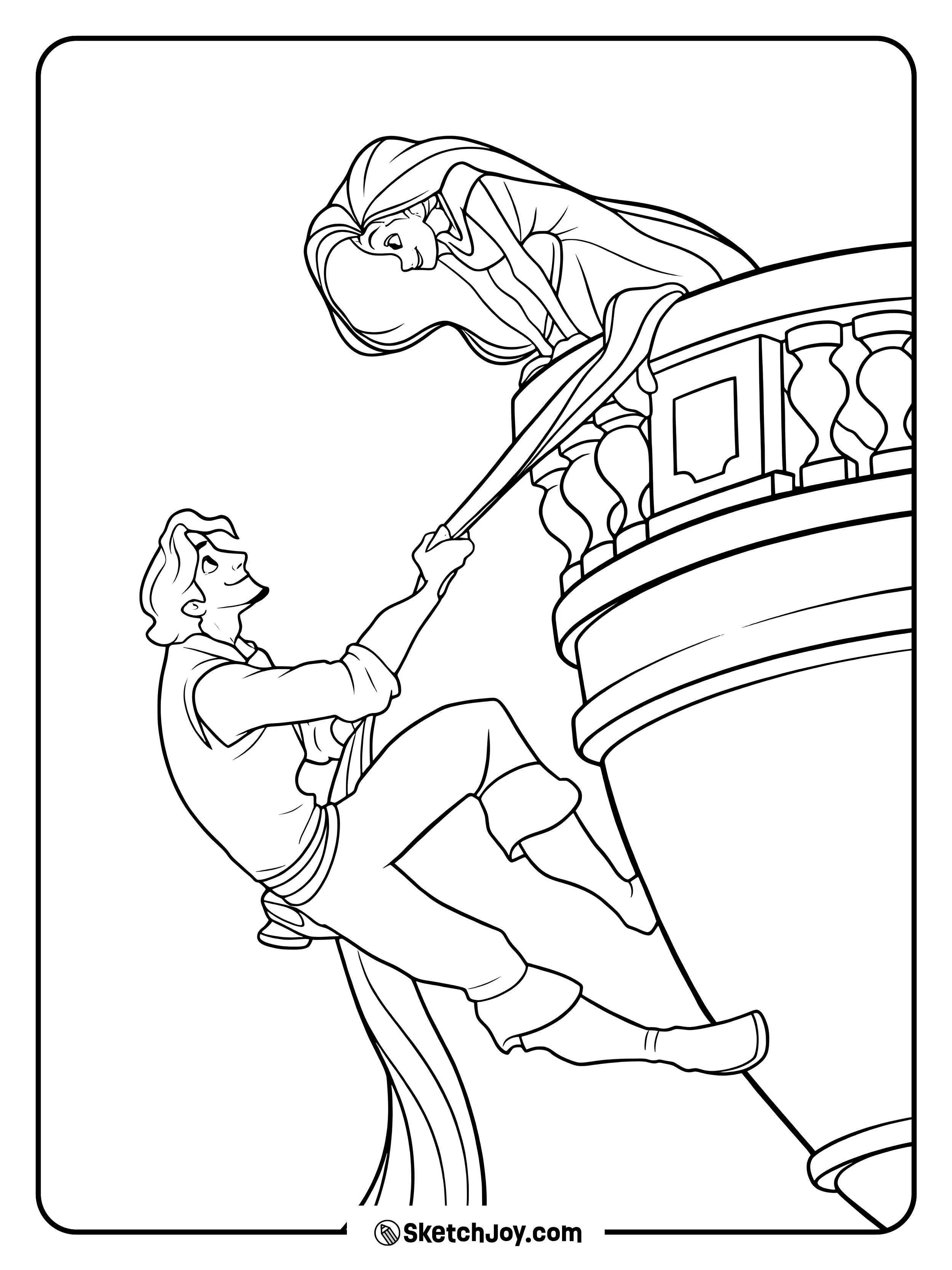 Flynn climbs toward Rapunzel at the tower as they reach for each other.