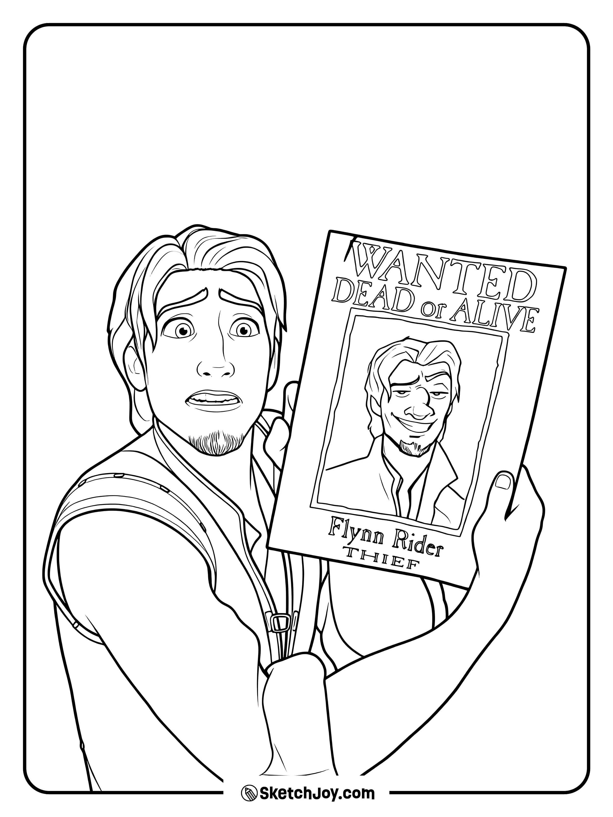 Flynn looks shocked as he holds up his funny wanted poster.