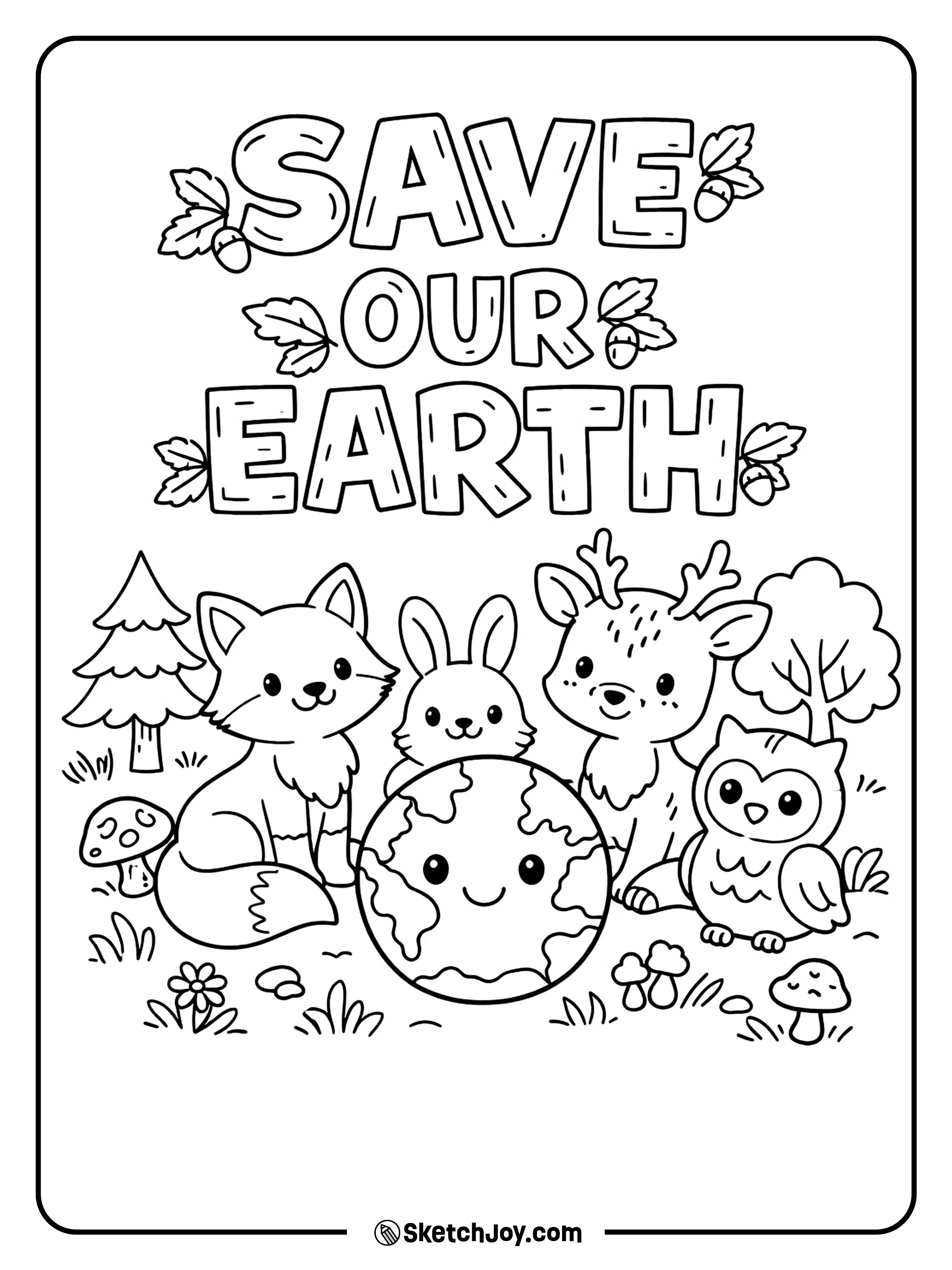 Forest animals gather around the Earth with happy faces.