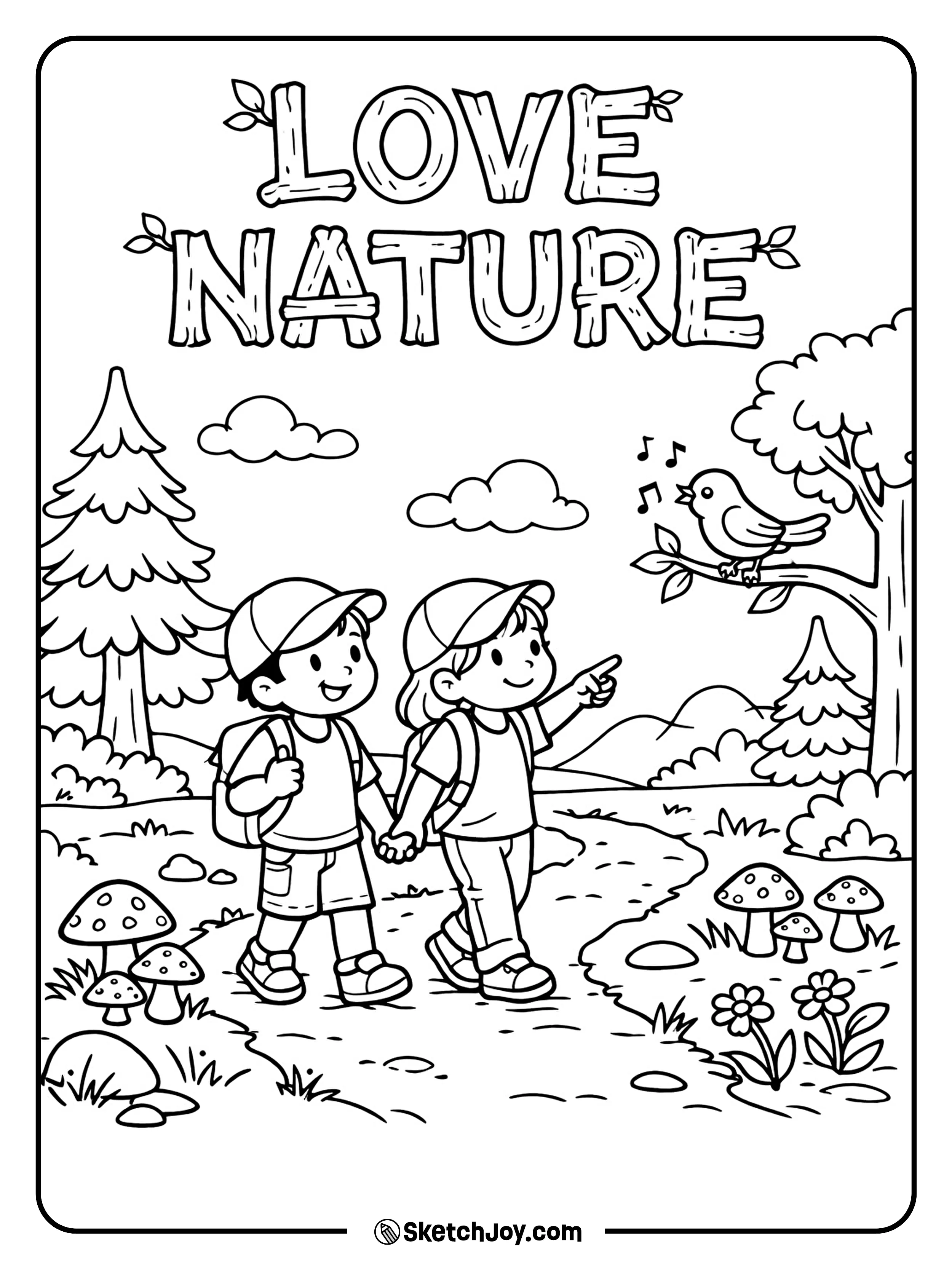 Friends walk on a trail and enjoy trees, birds, and fresh air.