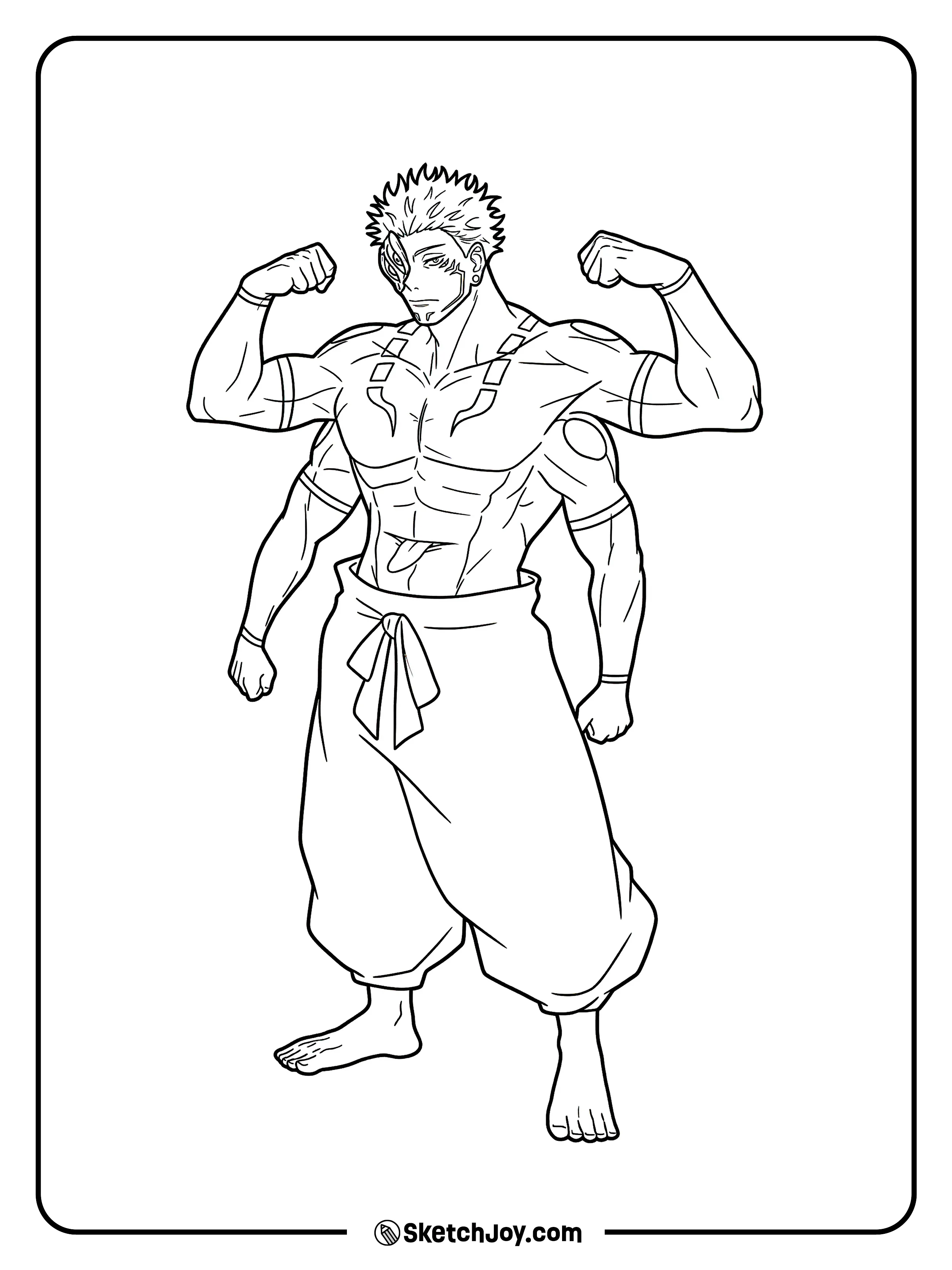Sukuna stands tall and flexes with his full cursed strength.