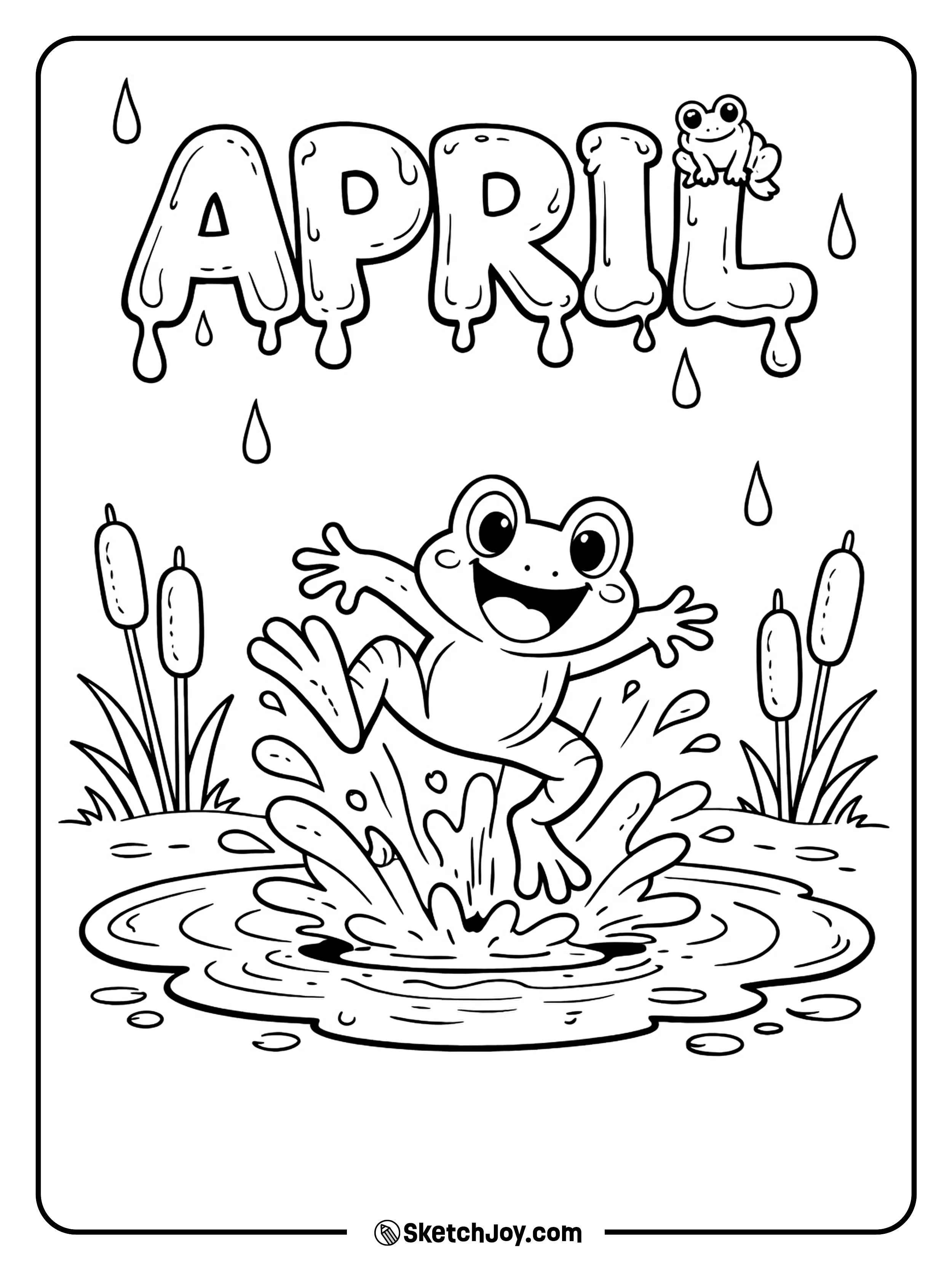 A happy frog jumps into a rainy puddle with a splash.