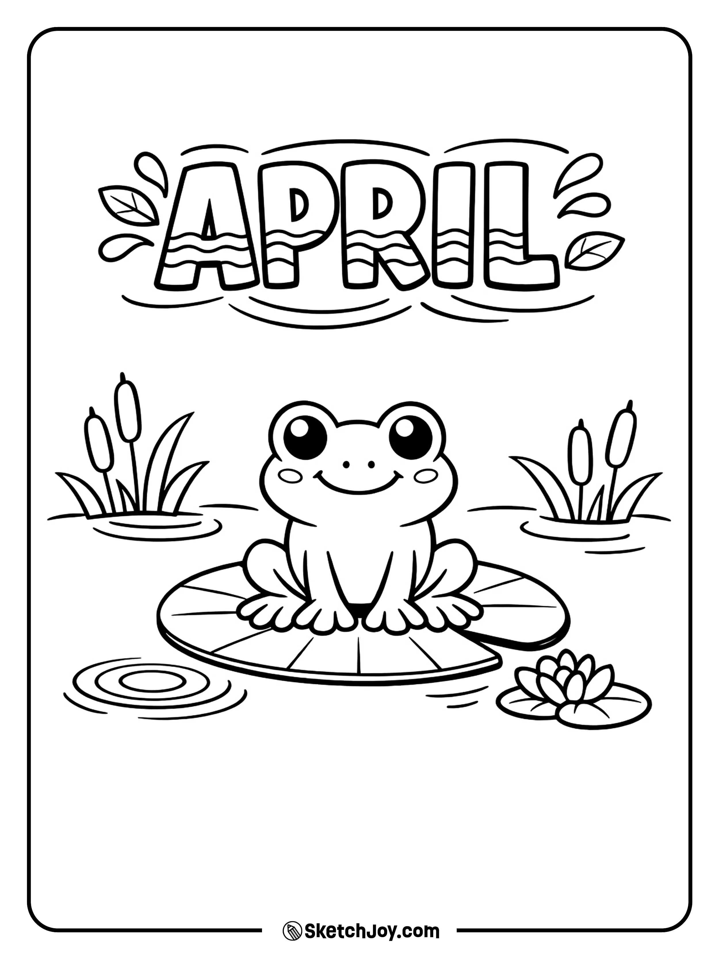 A cute frog sits on a lily pad with a spring smile.