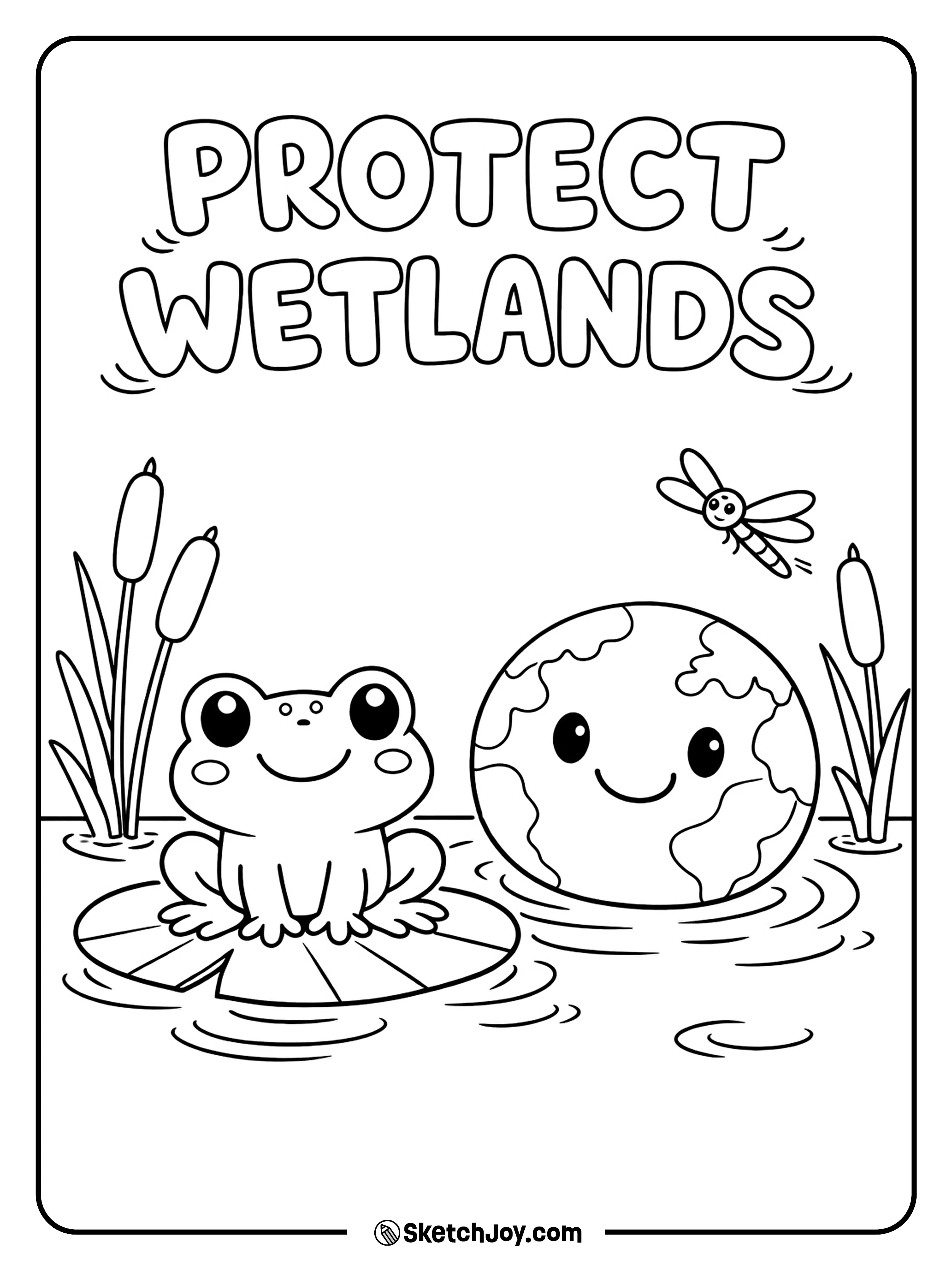A frog sits near a happy Earth in a wetland scene.