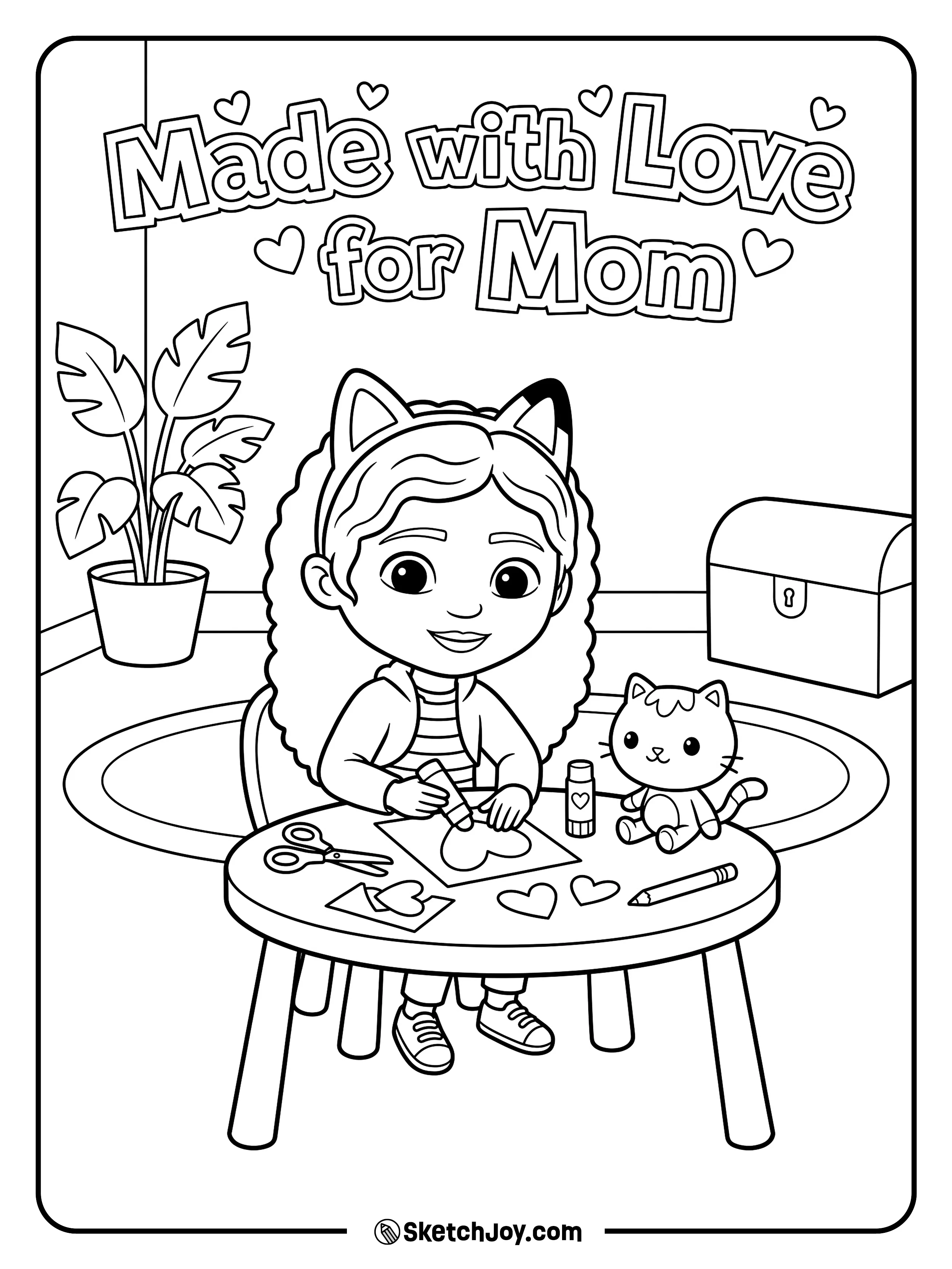 Gabby makes a heart craft for Mom with a big smile.