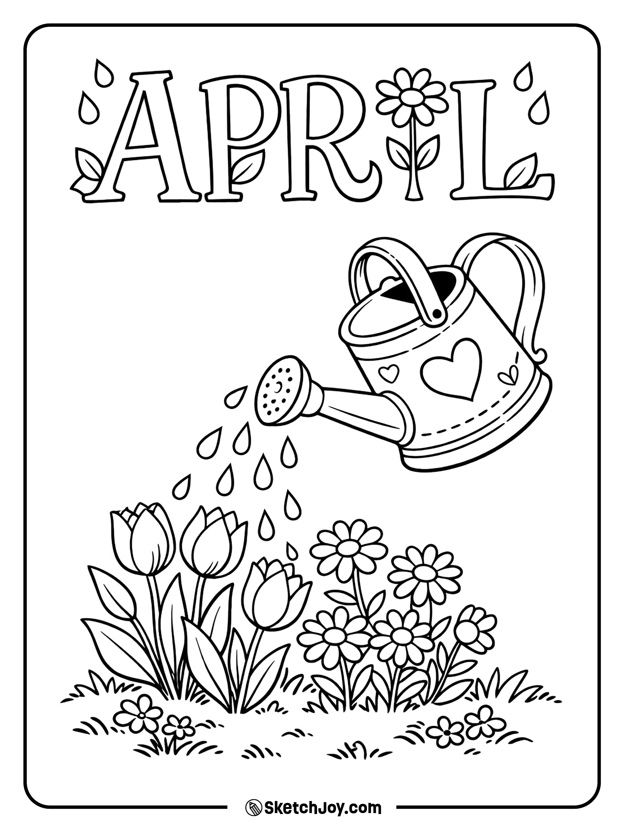 A watering can pours water over blooming spring flowers.