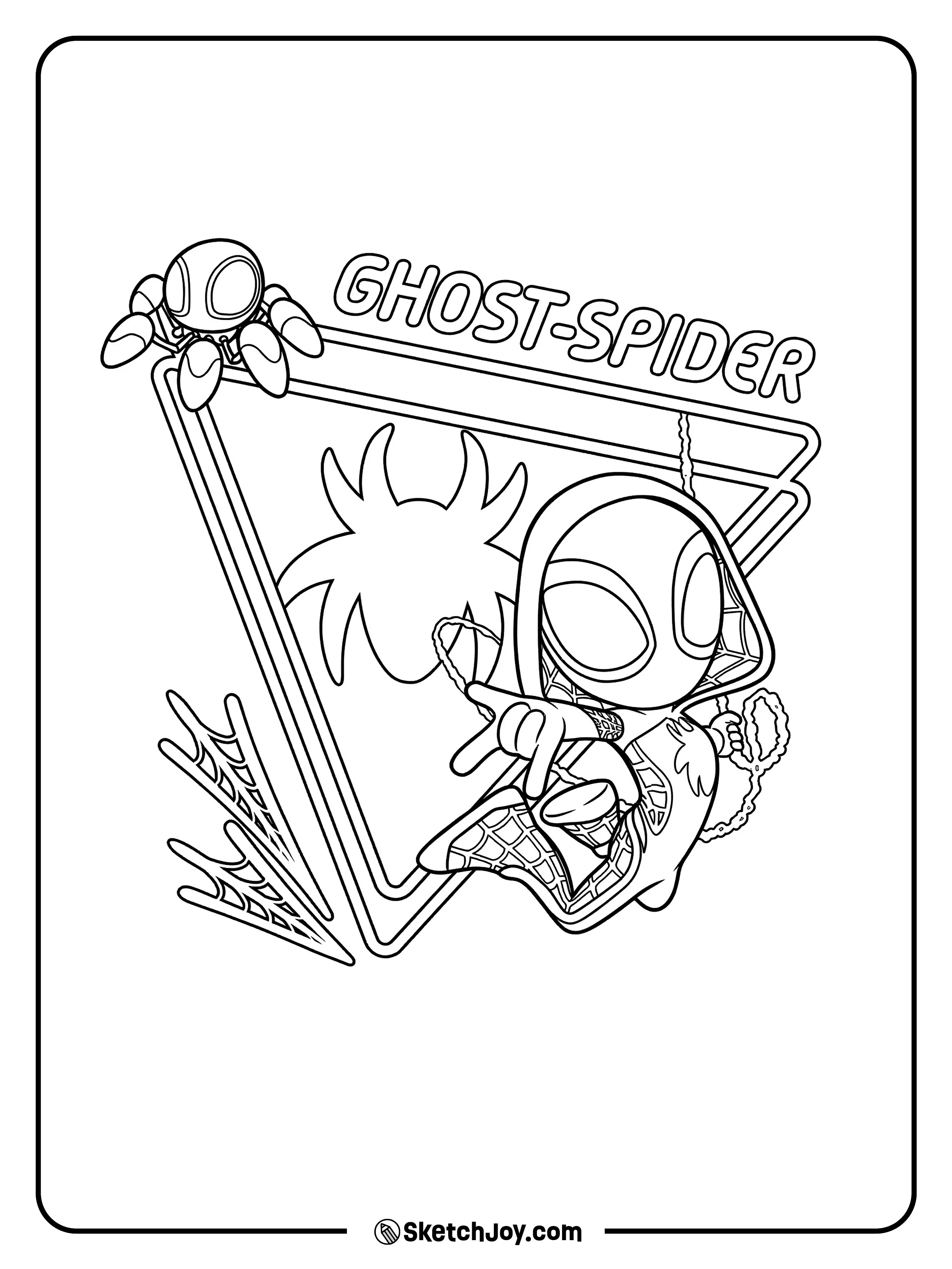 Ghost-Spider strikes a cool pose inside a spider-themed frame.