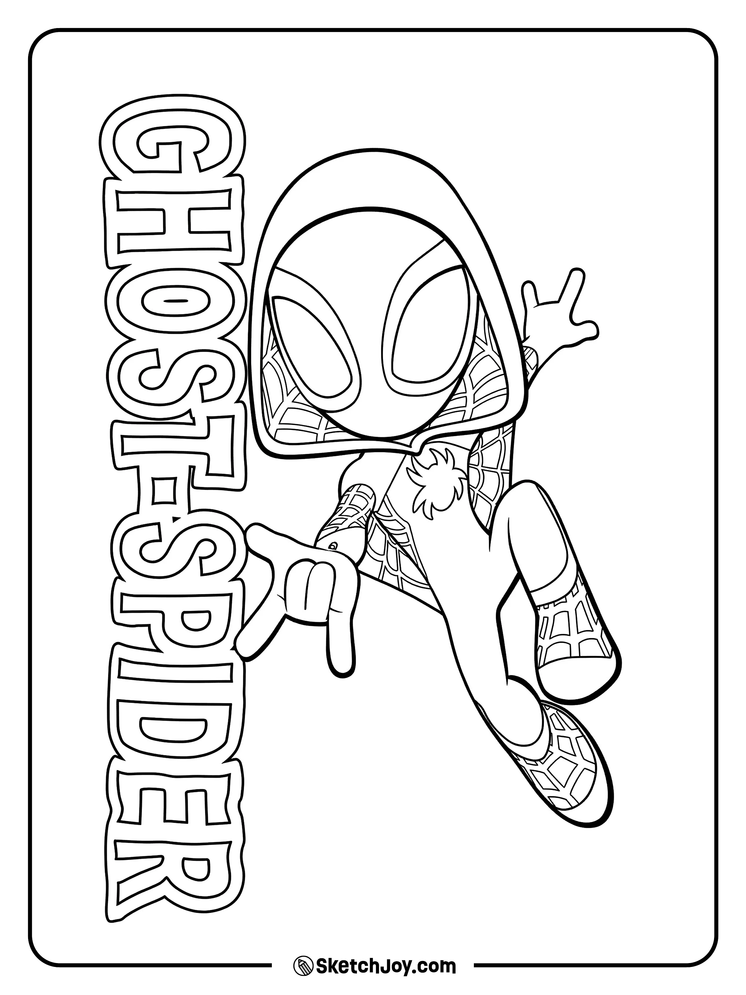 Ghost-Spider jumps forward beside her name in a bold action pose.