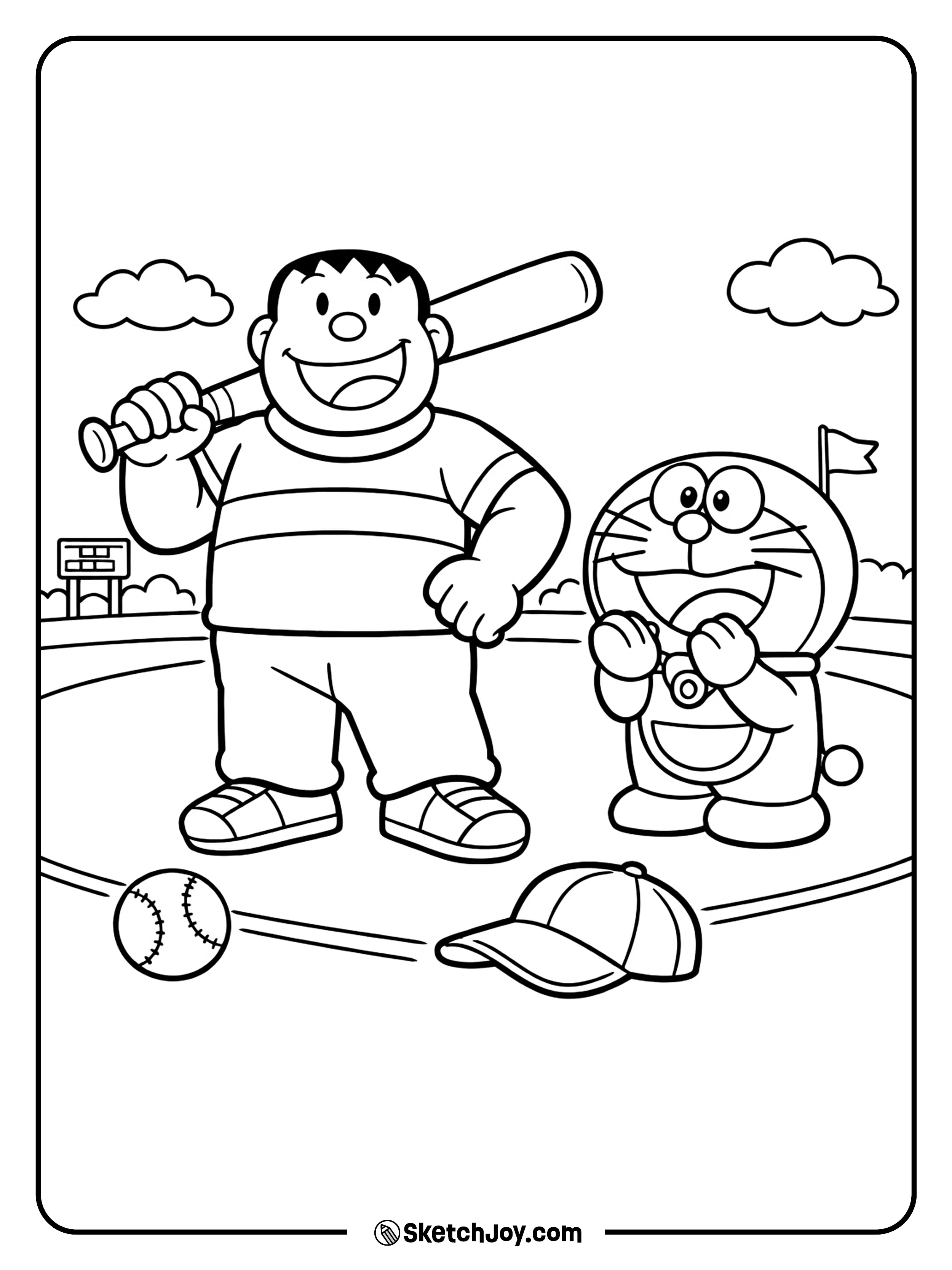 Gian stands strong with his bat while Doraemon cheers him on.
