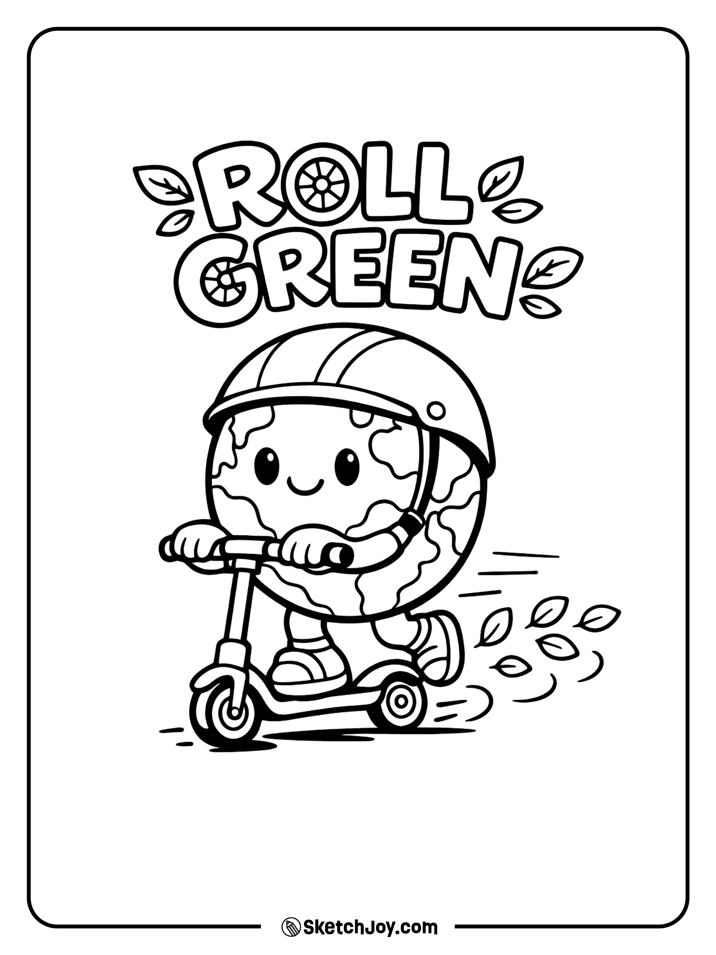 A playful Earth rides a scooter with a fun green message.