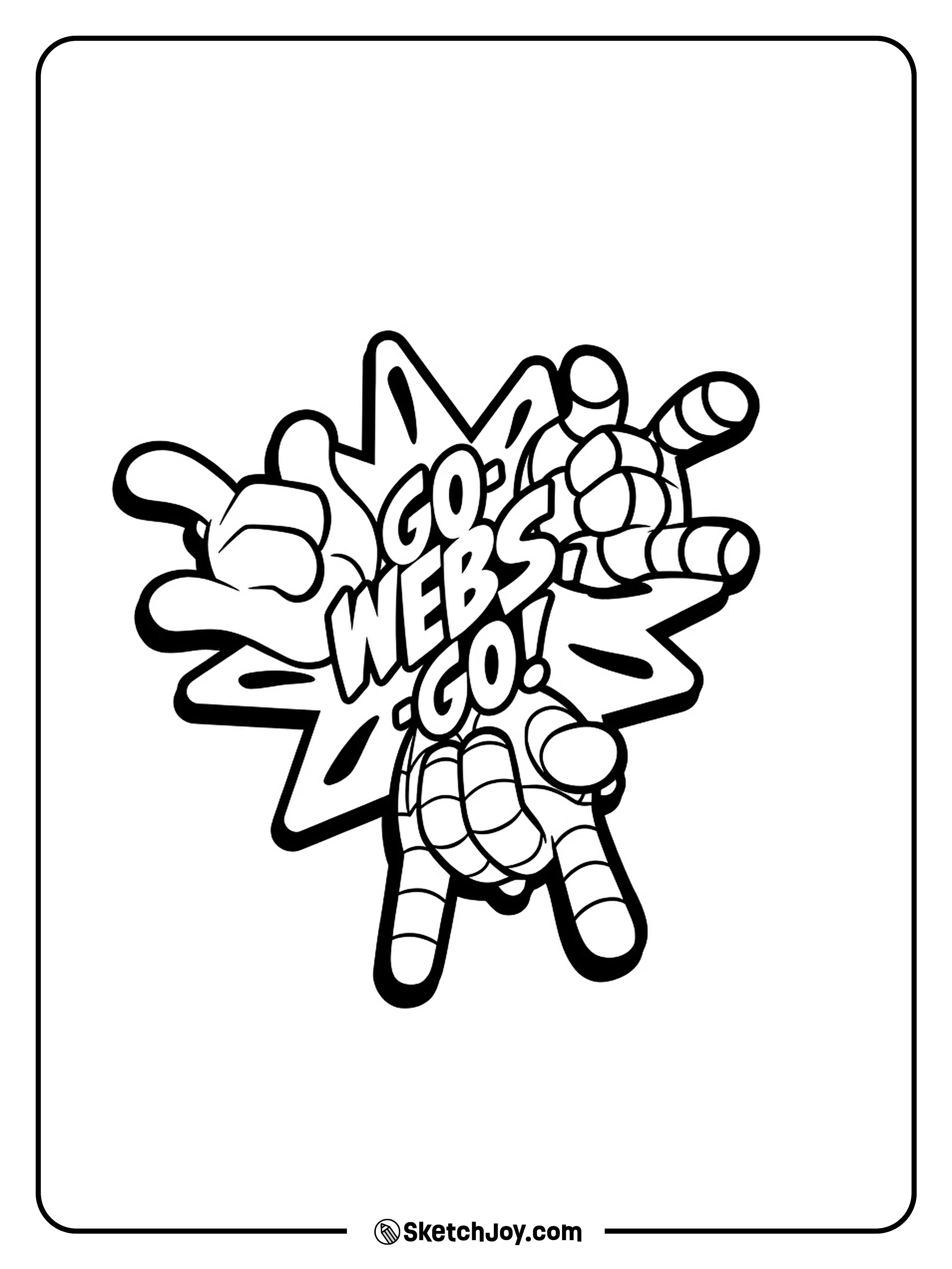 A big web-shooting hand pose frames the fun words “GO WEBS GO!”