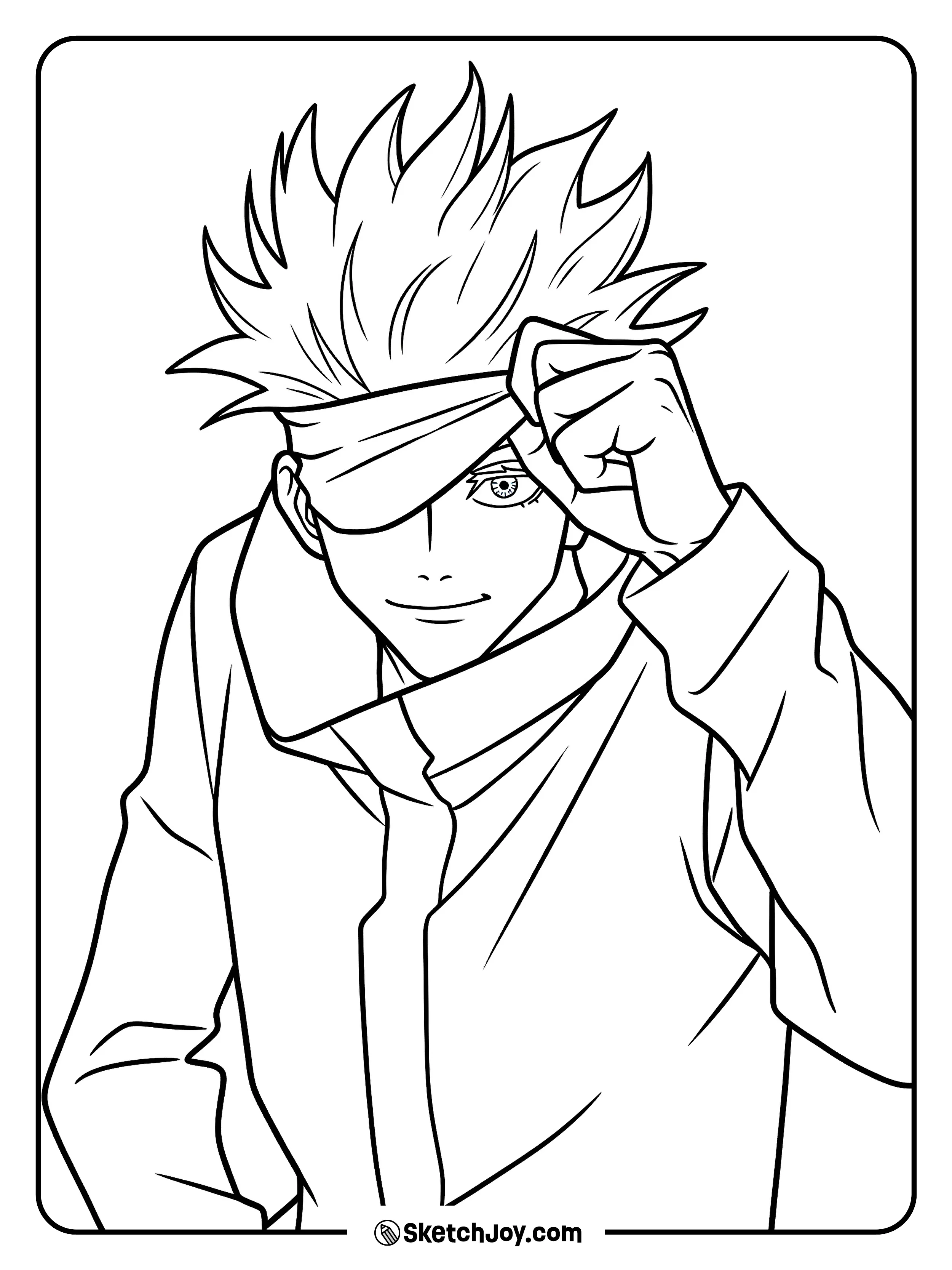 Gojo lifts his blindfold and shows one bright eye with a calm smile.