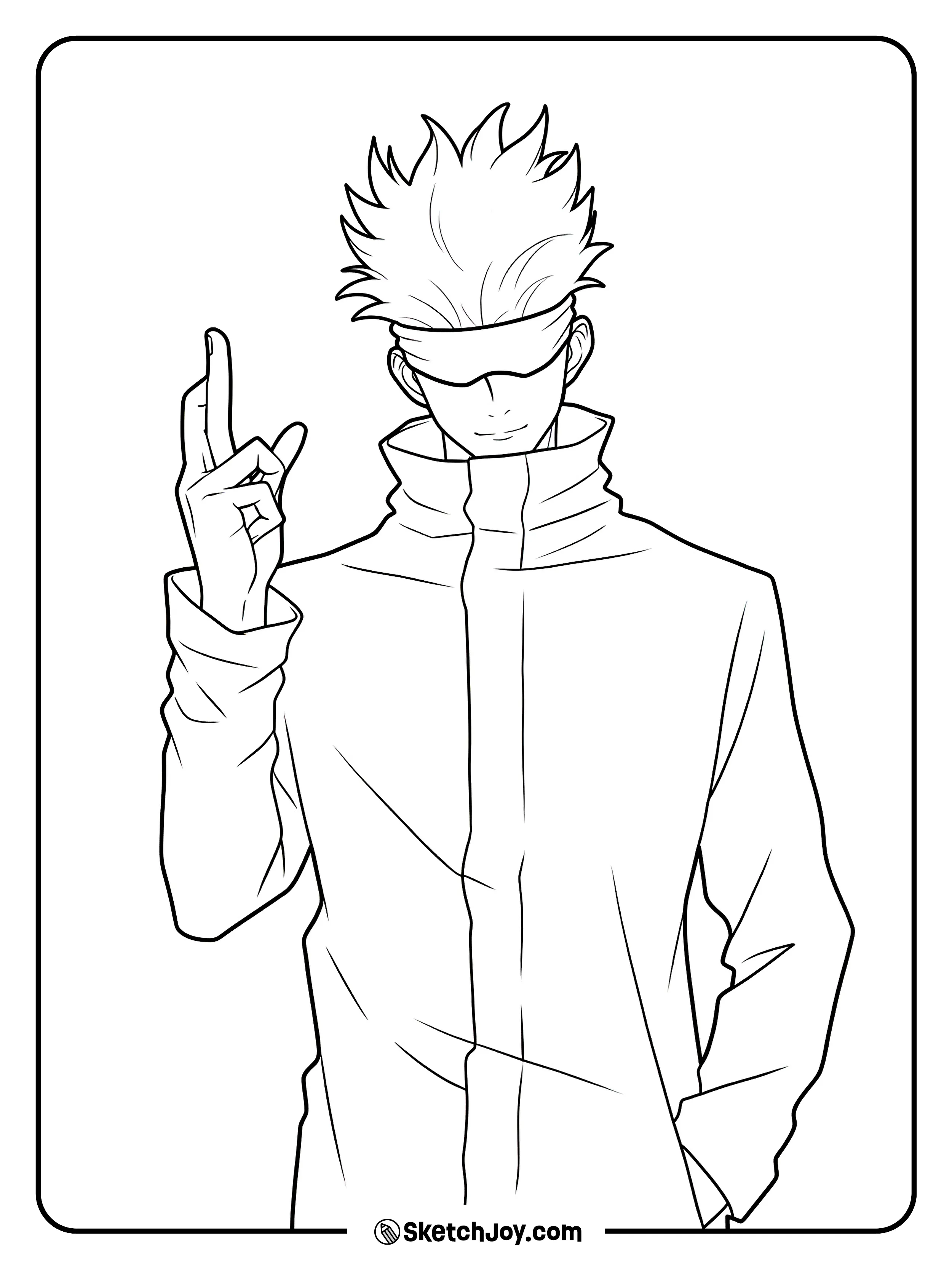Gojo stands tall and relaxed while raising one finger.