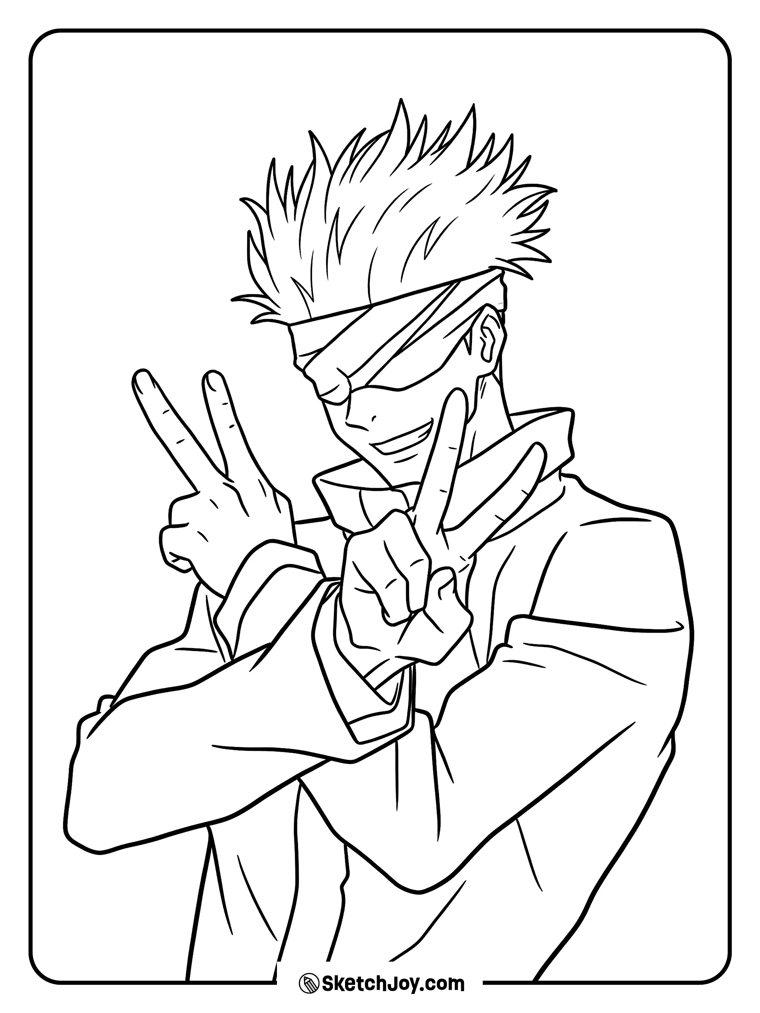 Gojo smiles with his blindfold on and throws up two peace signs.