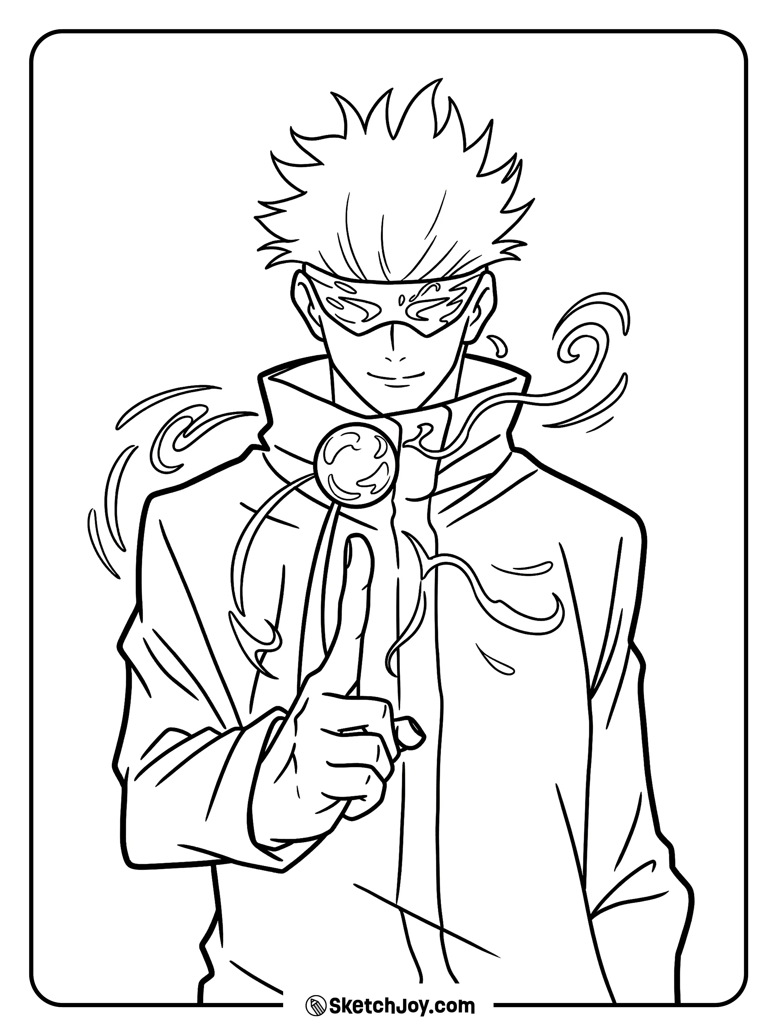 Gojo holds up one finger as a small energy orb floats before him.