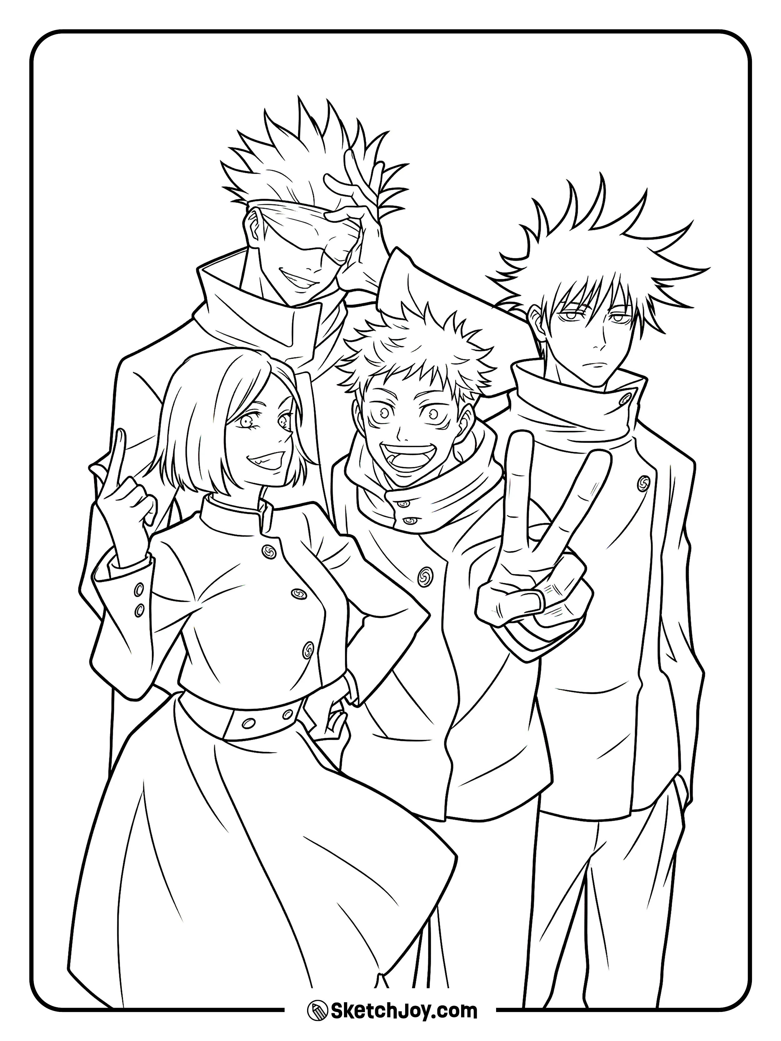 Gojo, Yuji, Megumi, and Nobara pose together with fun and bold expressions.