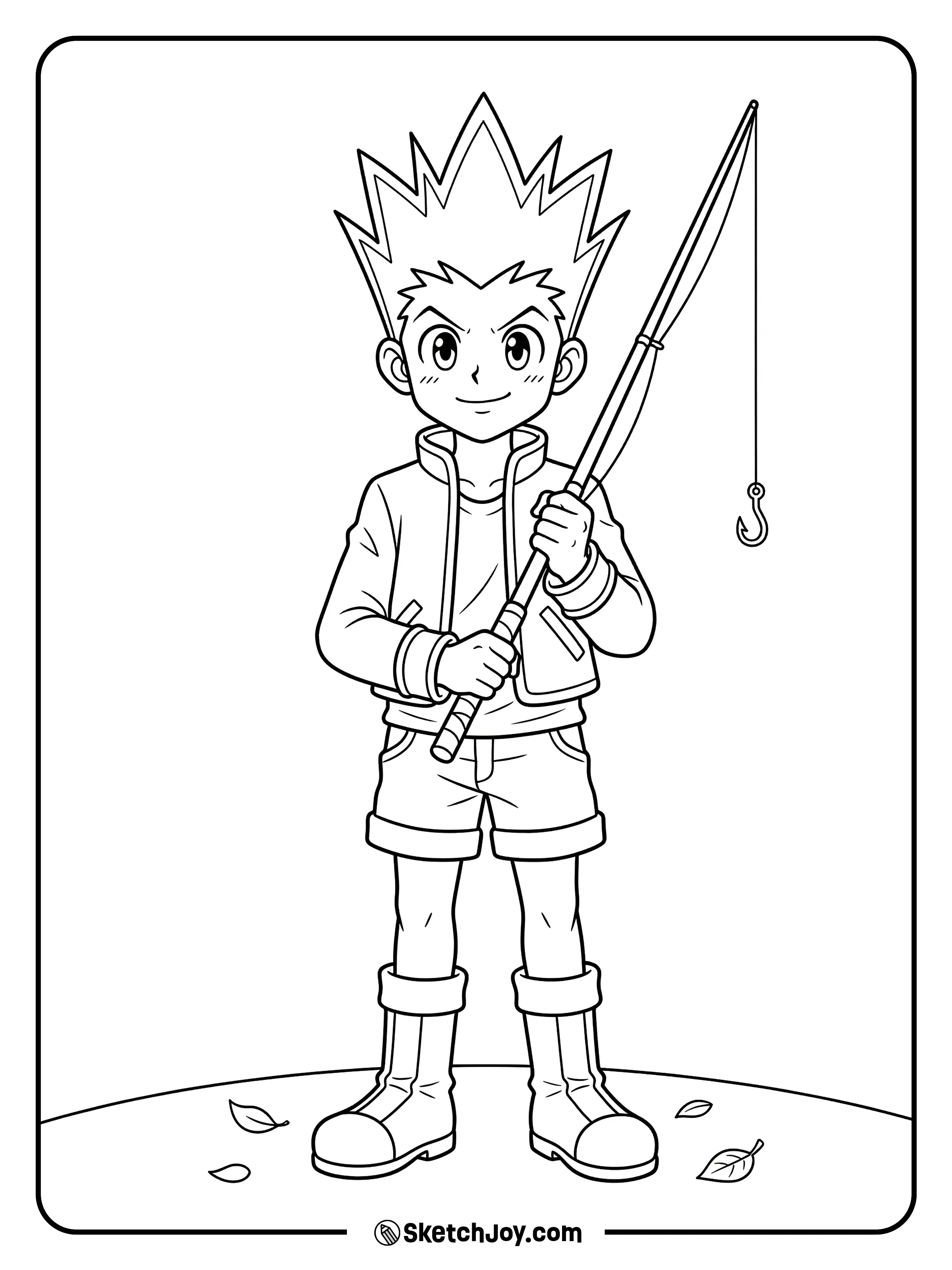 Gon stands with a bright smile and holds his famous fishing rod with calm confidence.