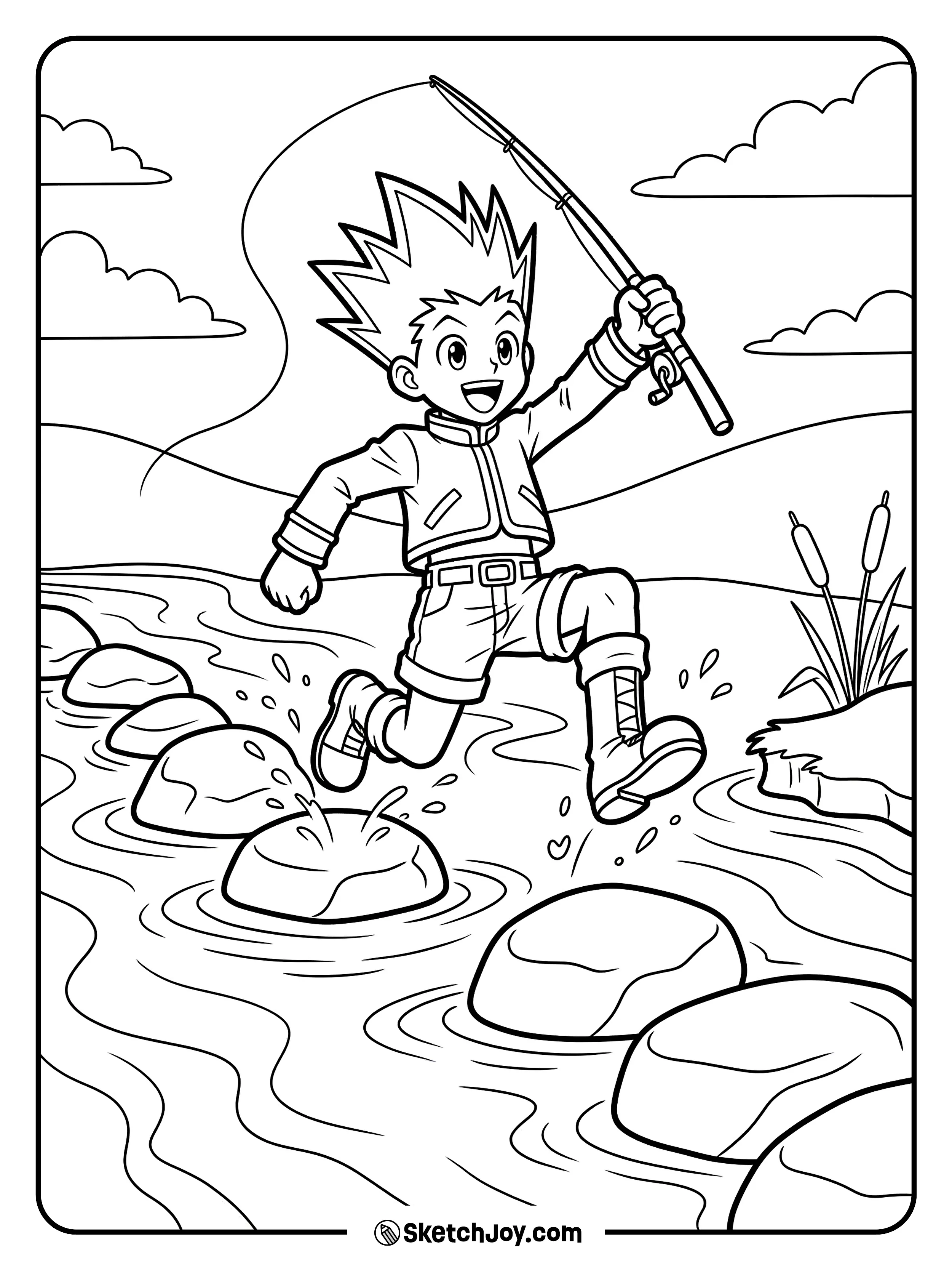 Gon jumps across river stones with quick feet and a fearless grin.