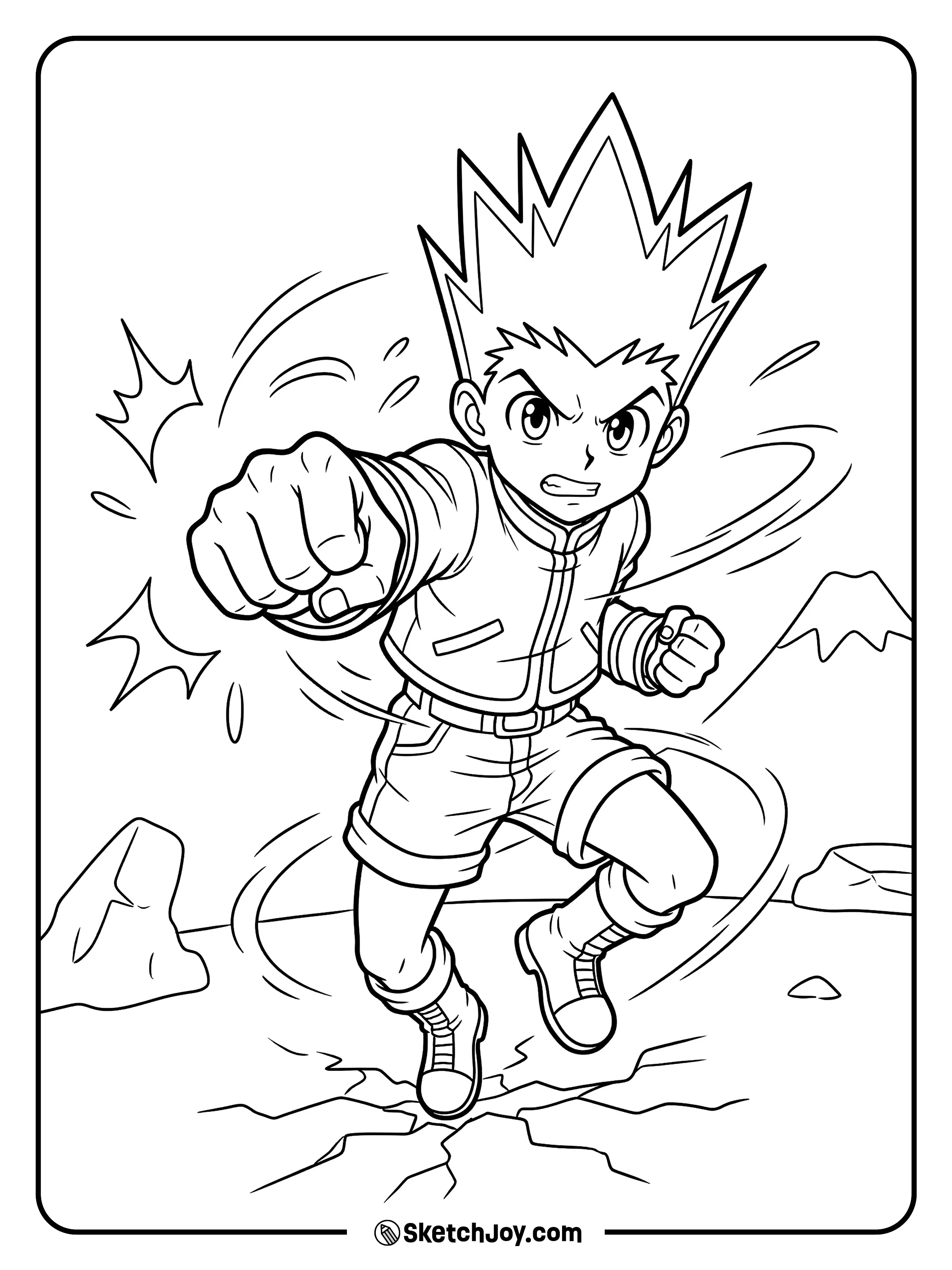 Gon throws a strong punch and looks brave and full of energy.