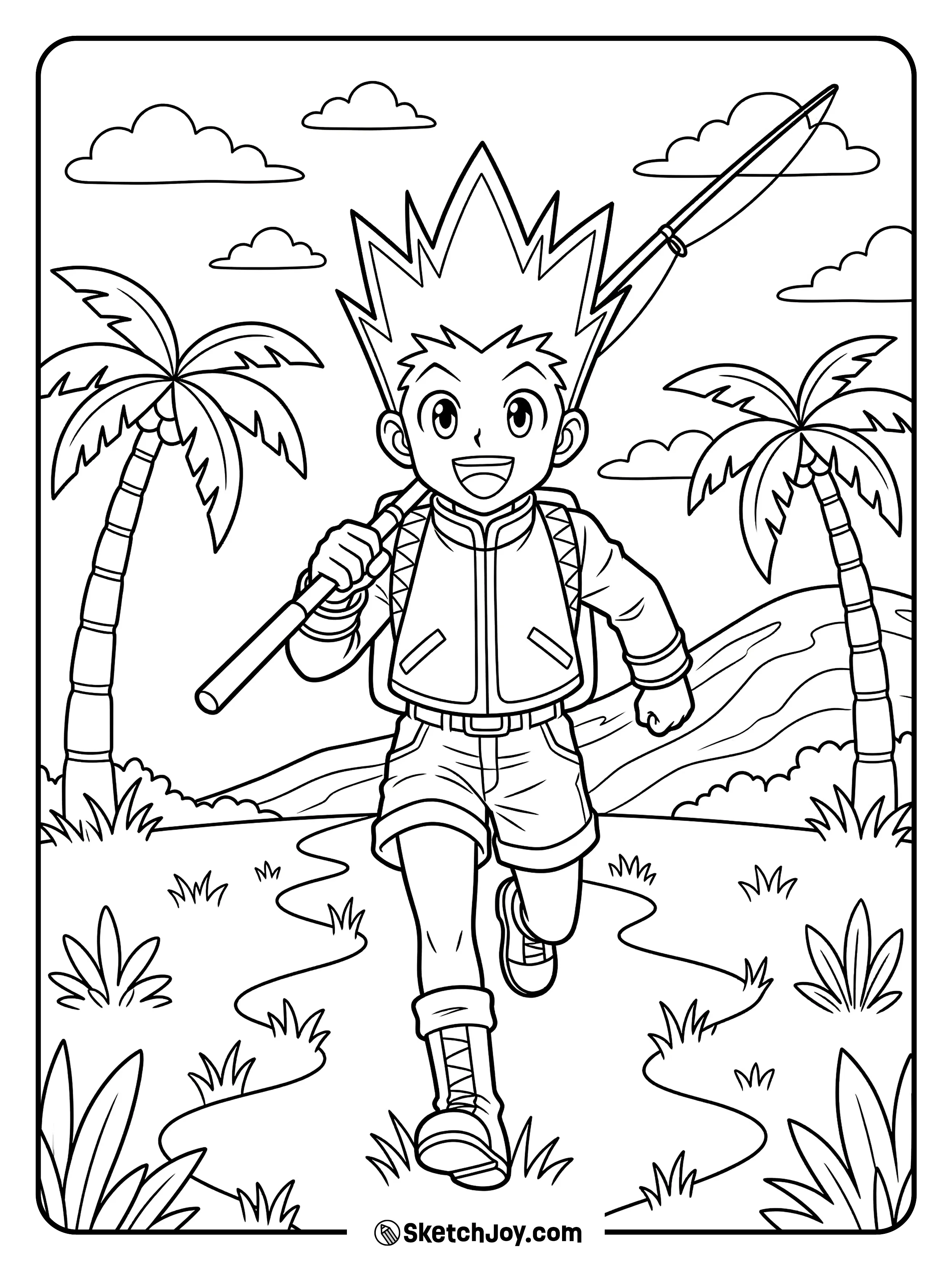 Gon runs across a grassy path with happy energy on his home island.