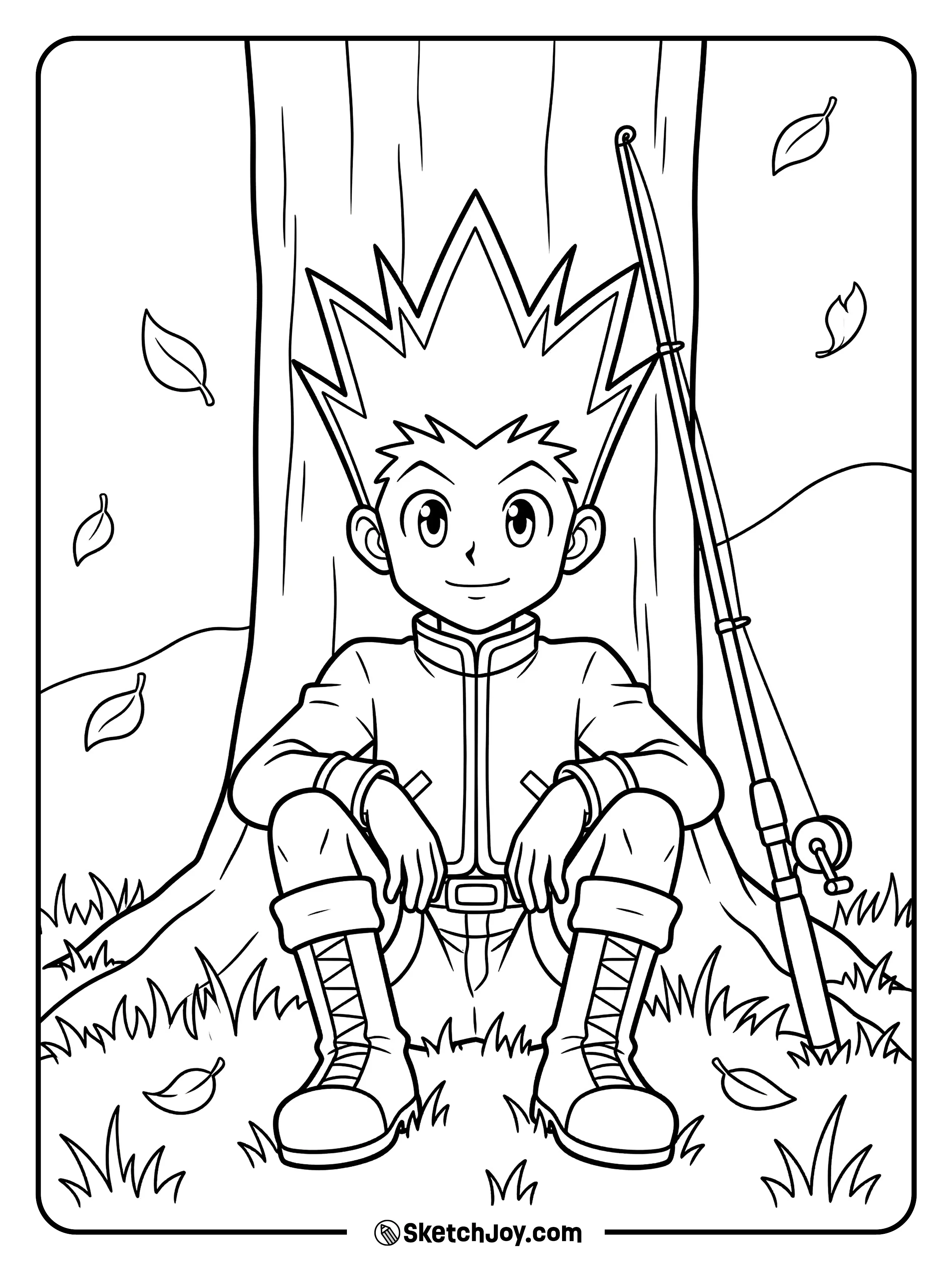 Gon takes a quiet break under a tree and looks calm and thoughtful.