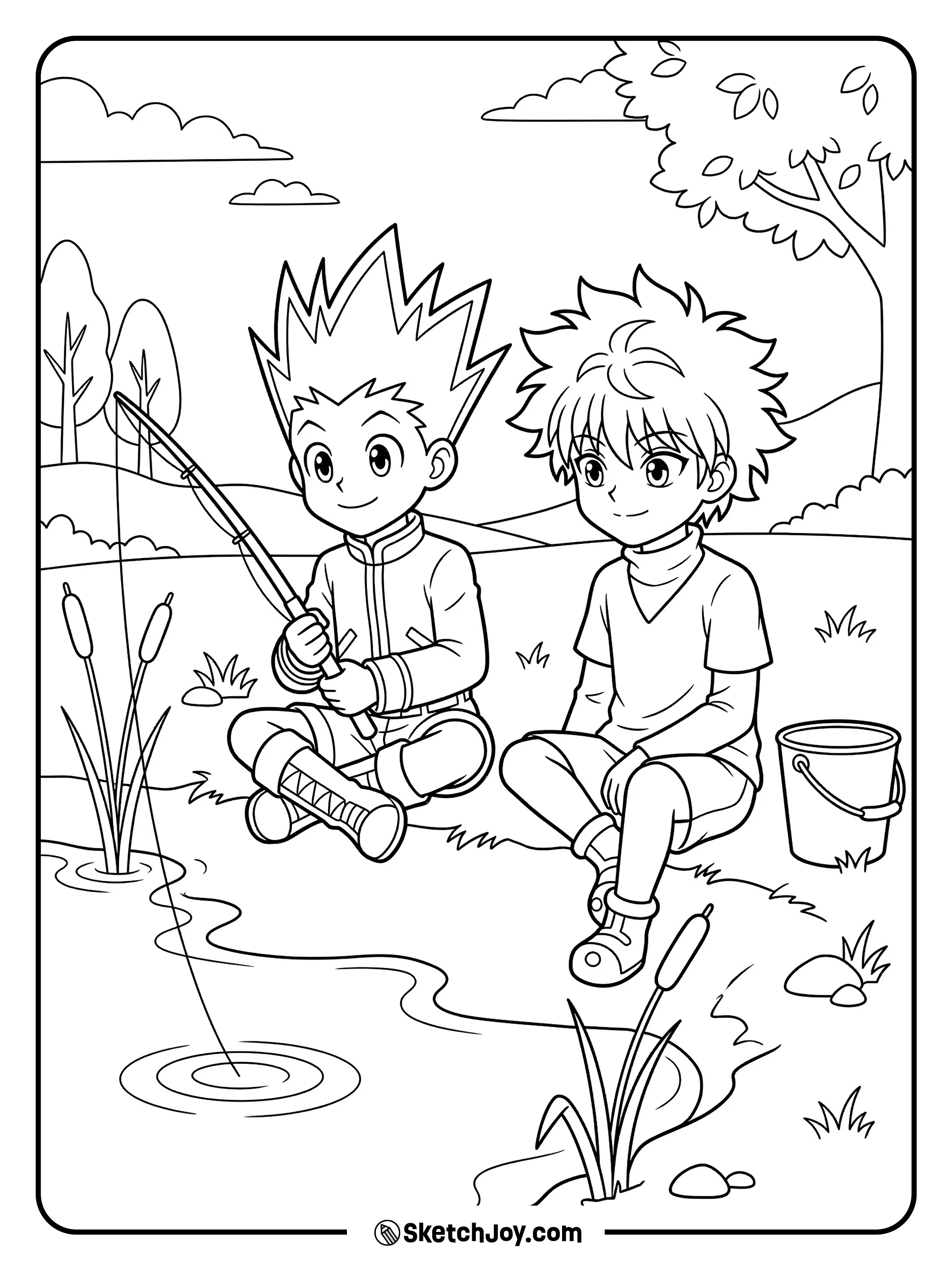 Gon and Killua enjoy a simple fishing moment by the water.