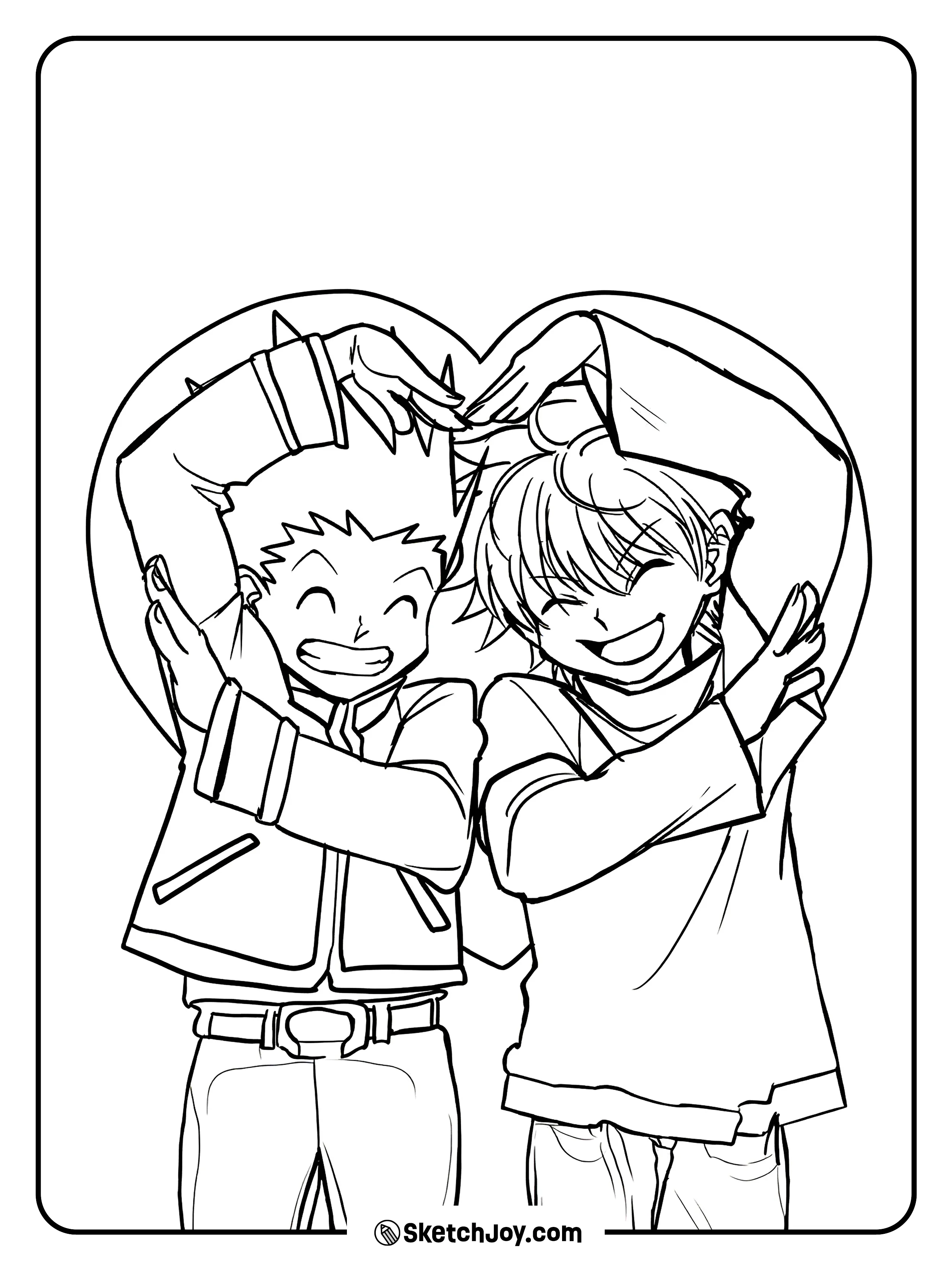 Gon and Killua smile and make a heart shape together in this cute Hunter x Hunter scene.