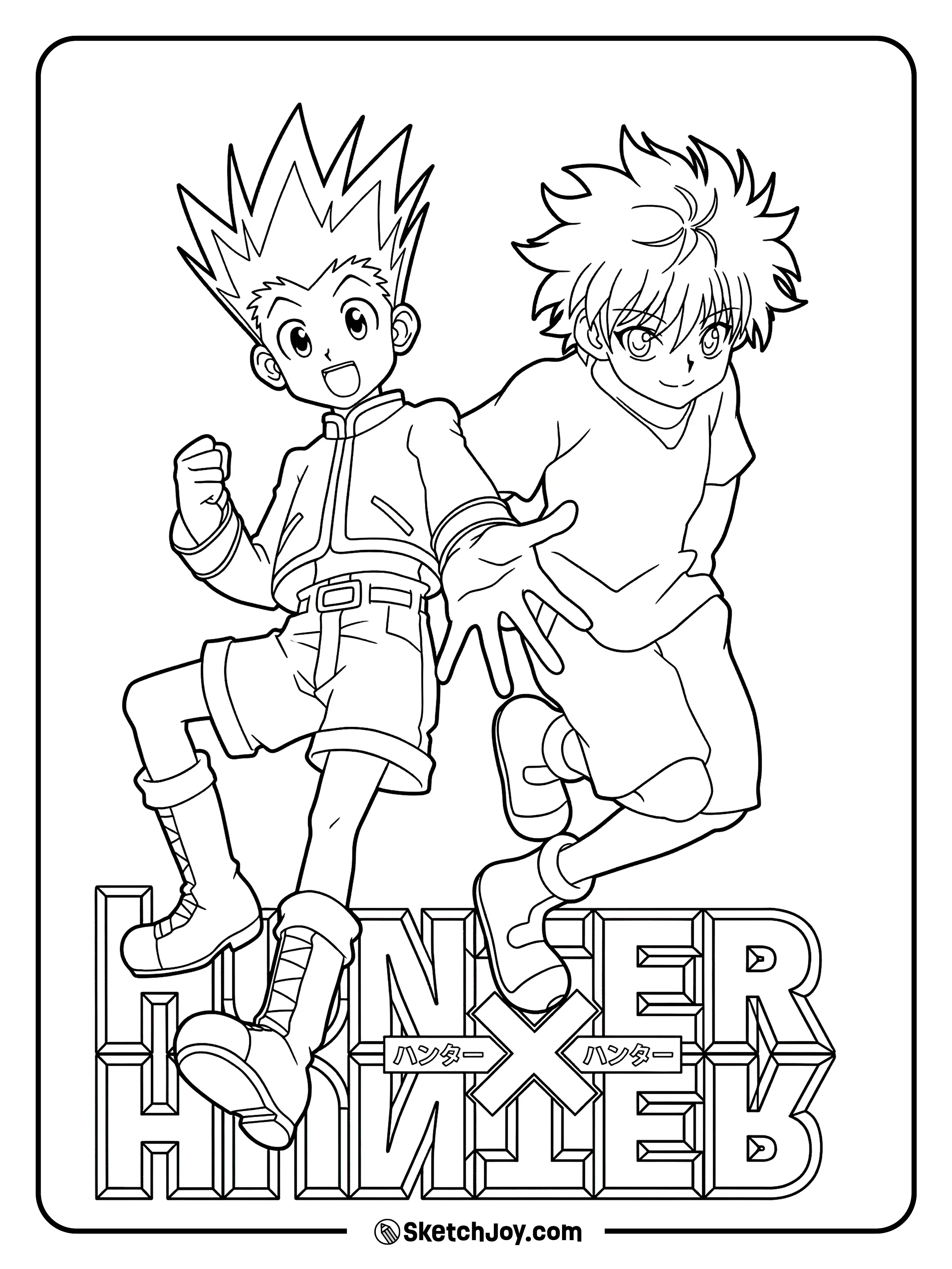 Gon Freecss and Killua Zoldyck in a fun action pose above the Hunter x Hunter logo.