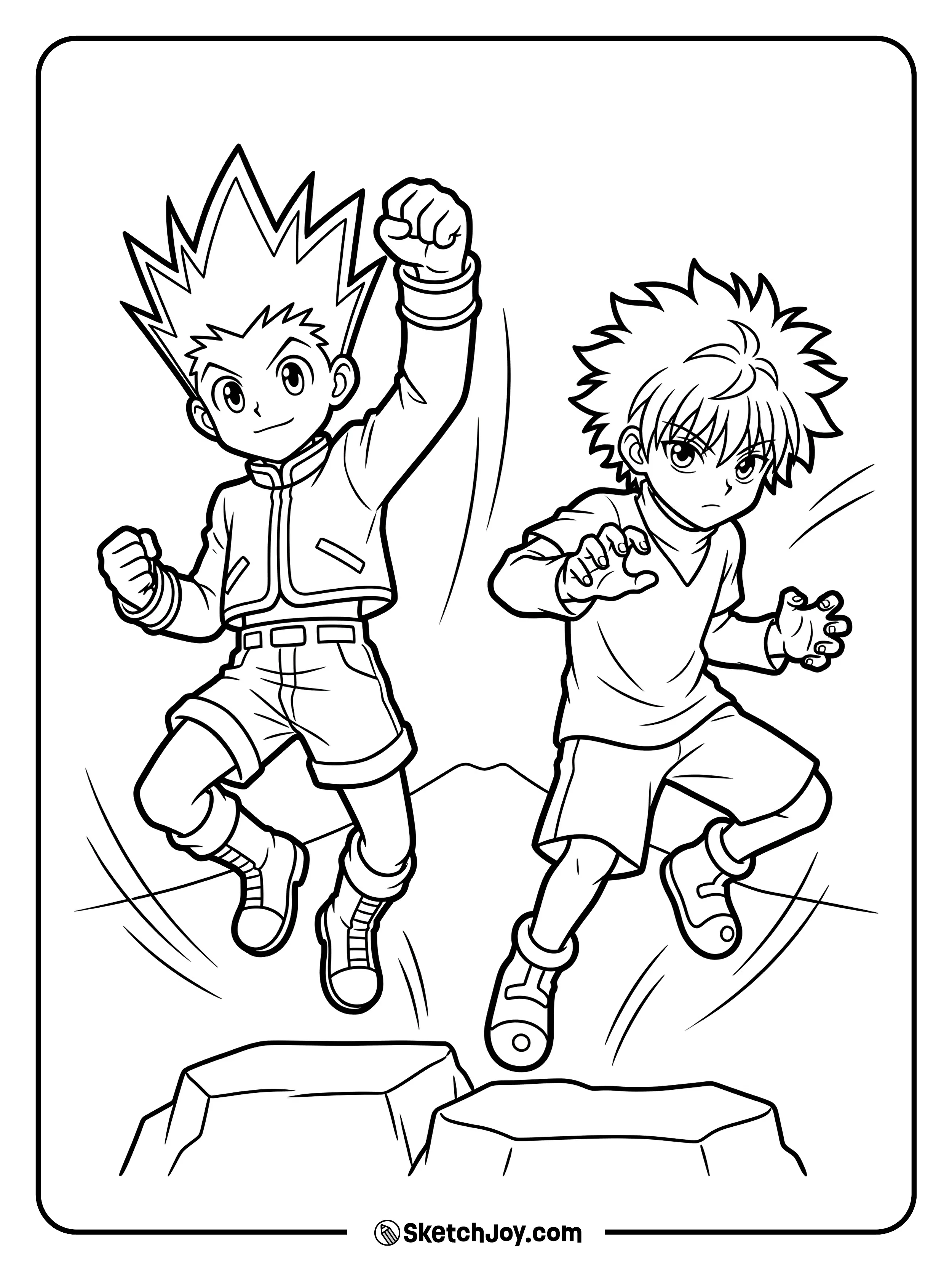 Gon and Killua leap forward together with bold energy and focus.