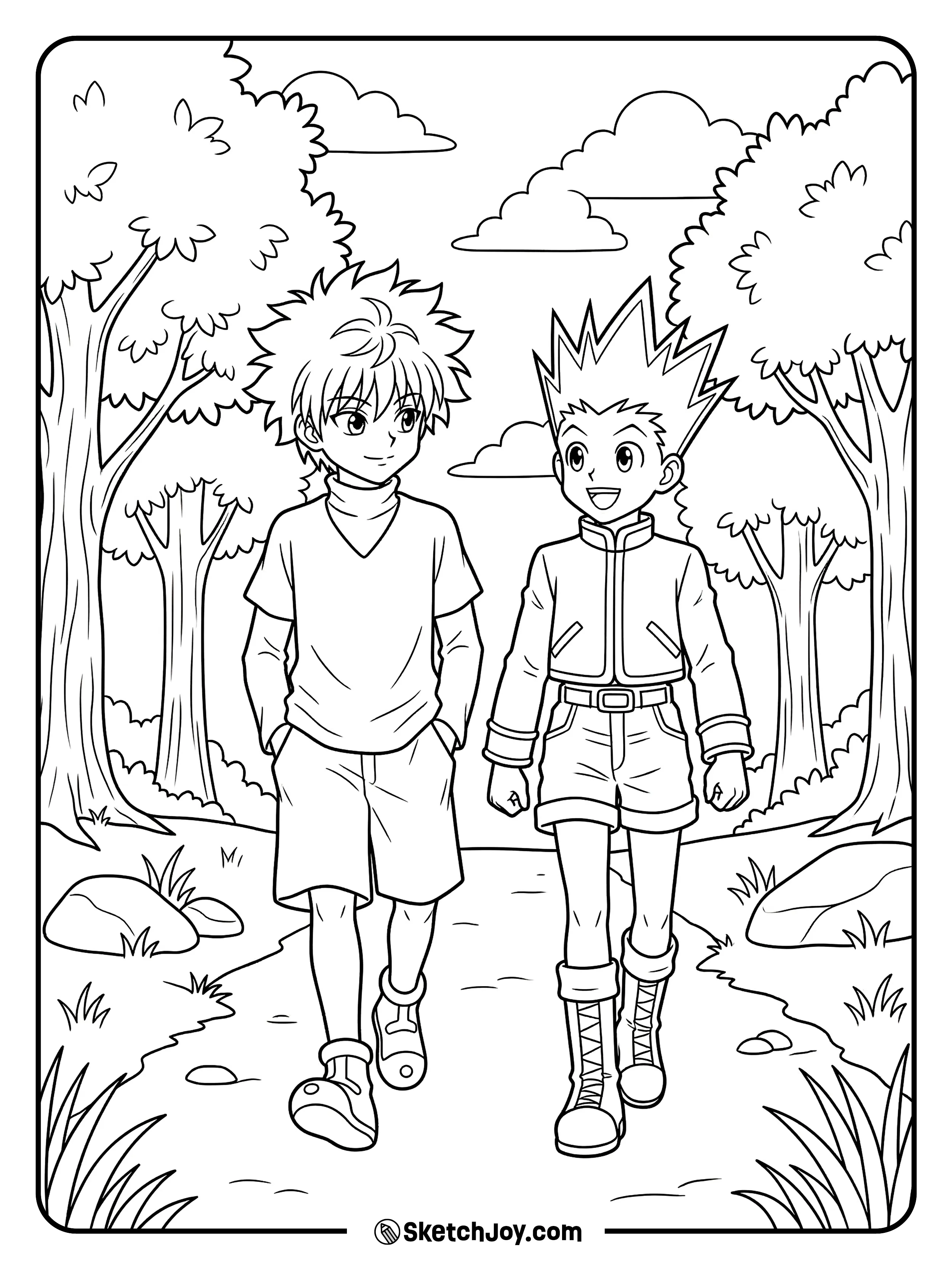 Gon and Killua walk side by side and look ready for the next step.