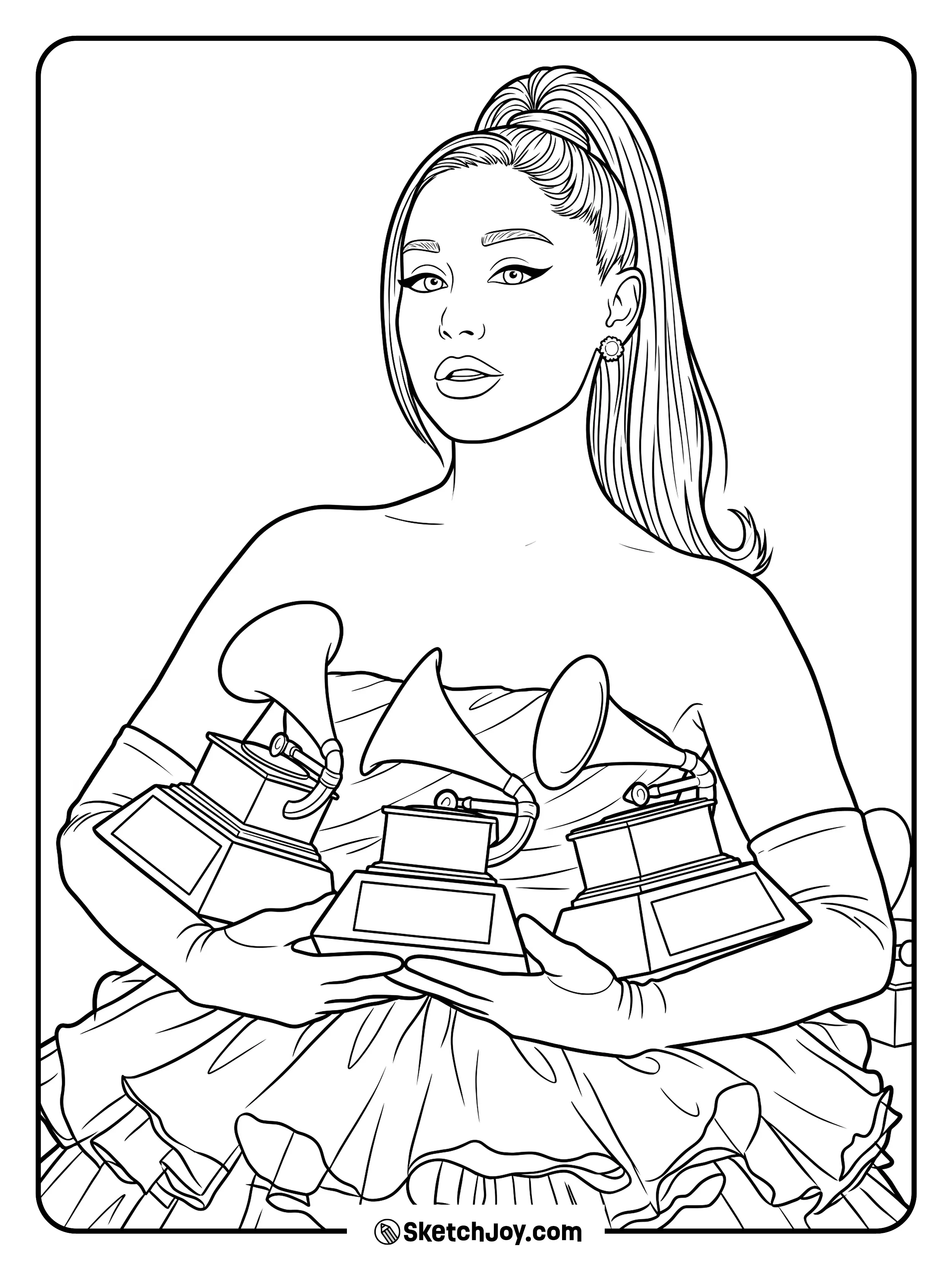 A stylish portrait holding award trophies in a glamorous dress.