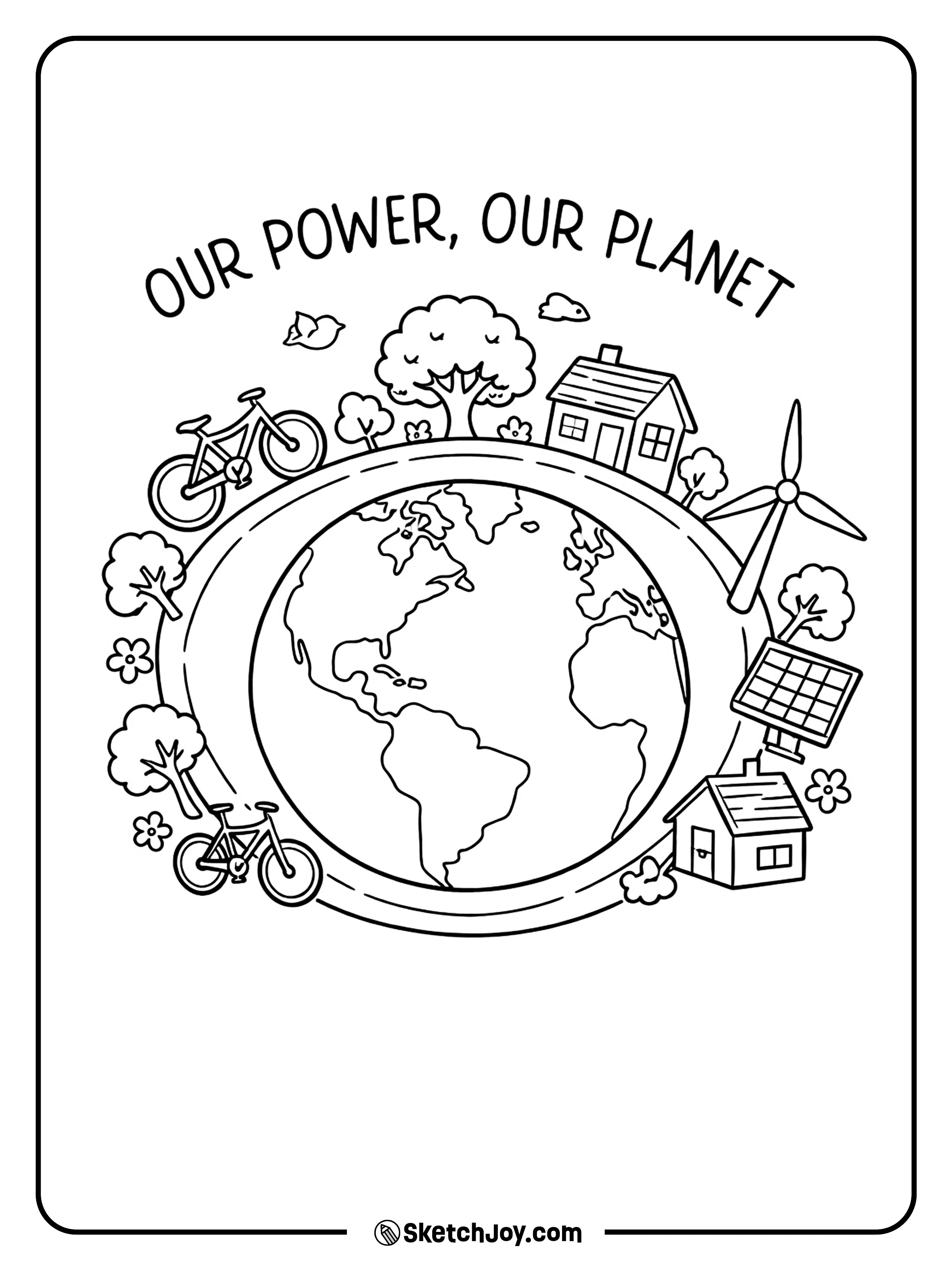 Trees, bikes, and homes circle the Earth in a neat eco design.