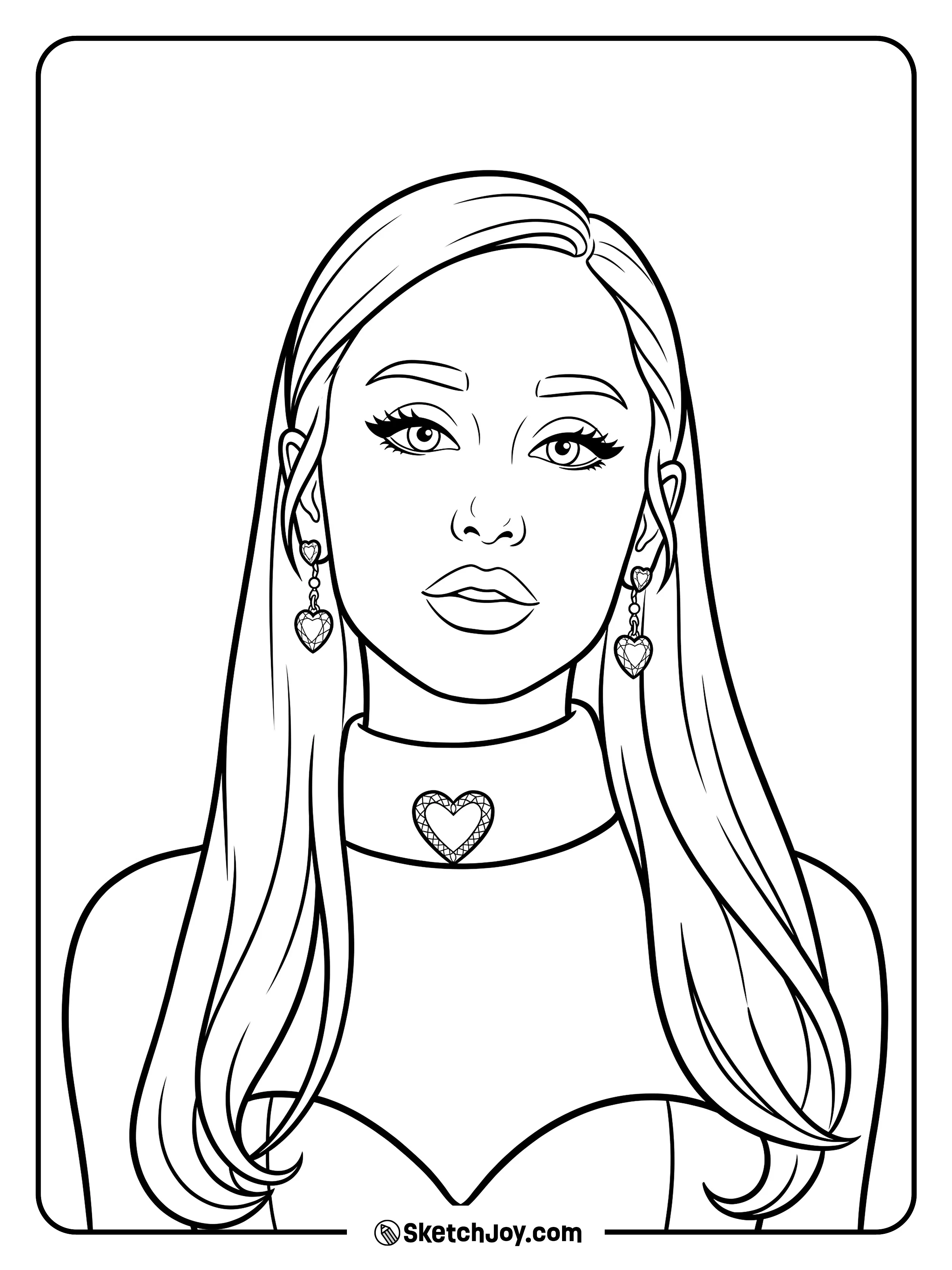 A clean front portrait with heart earrings and a matching choker.