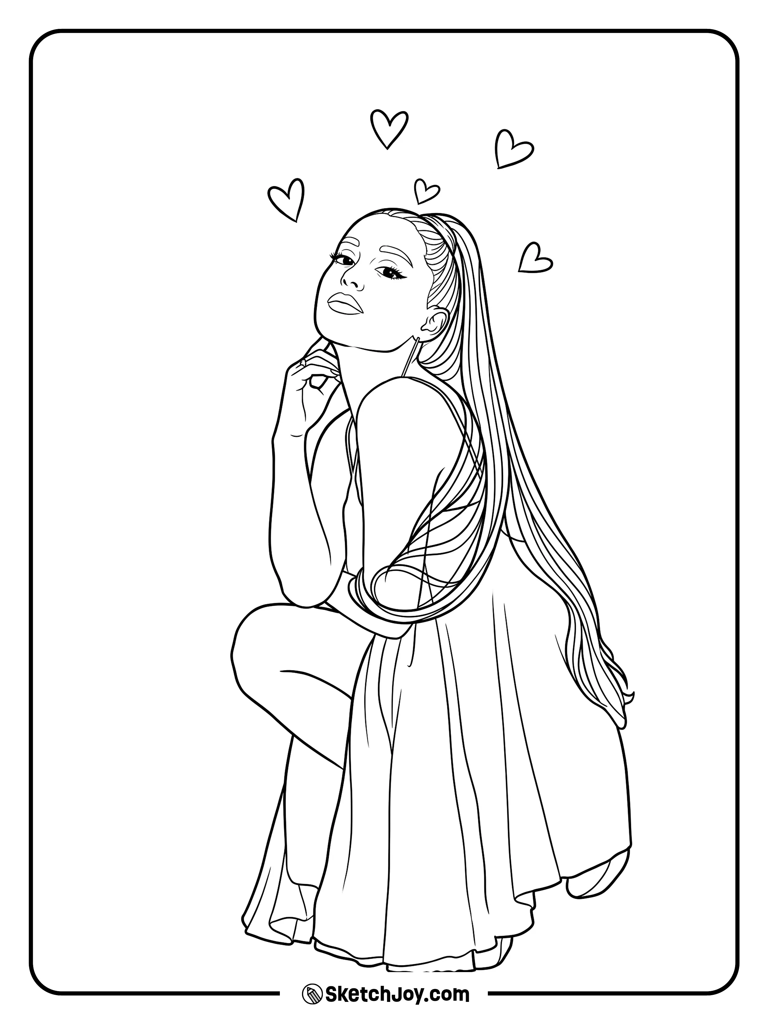 A sweet pose with a high ponytail and floating hearts above.