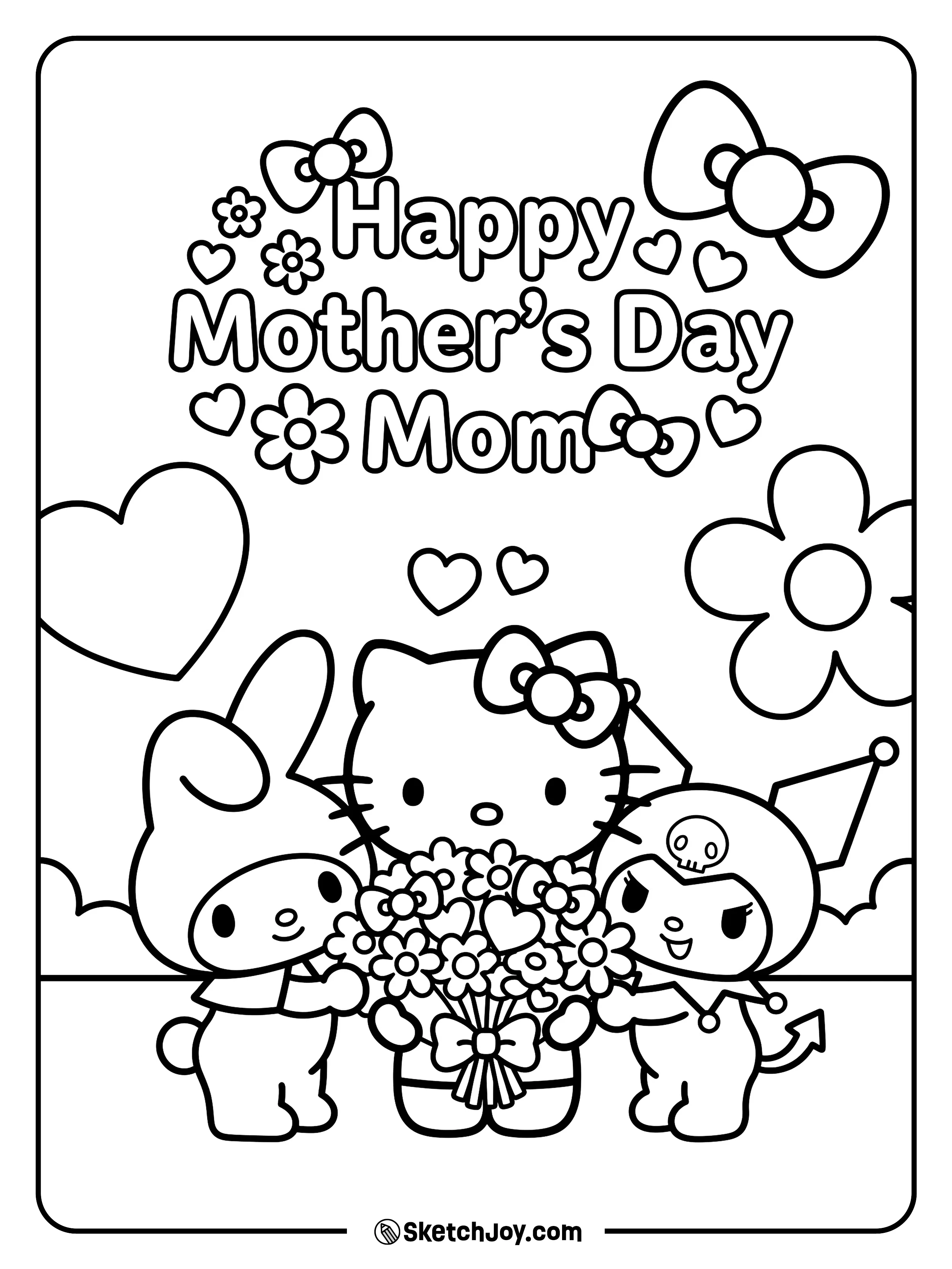 Hello Kitty, My Melody, and Kuromi share flowers for Mom.