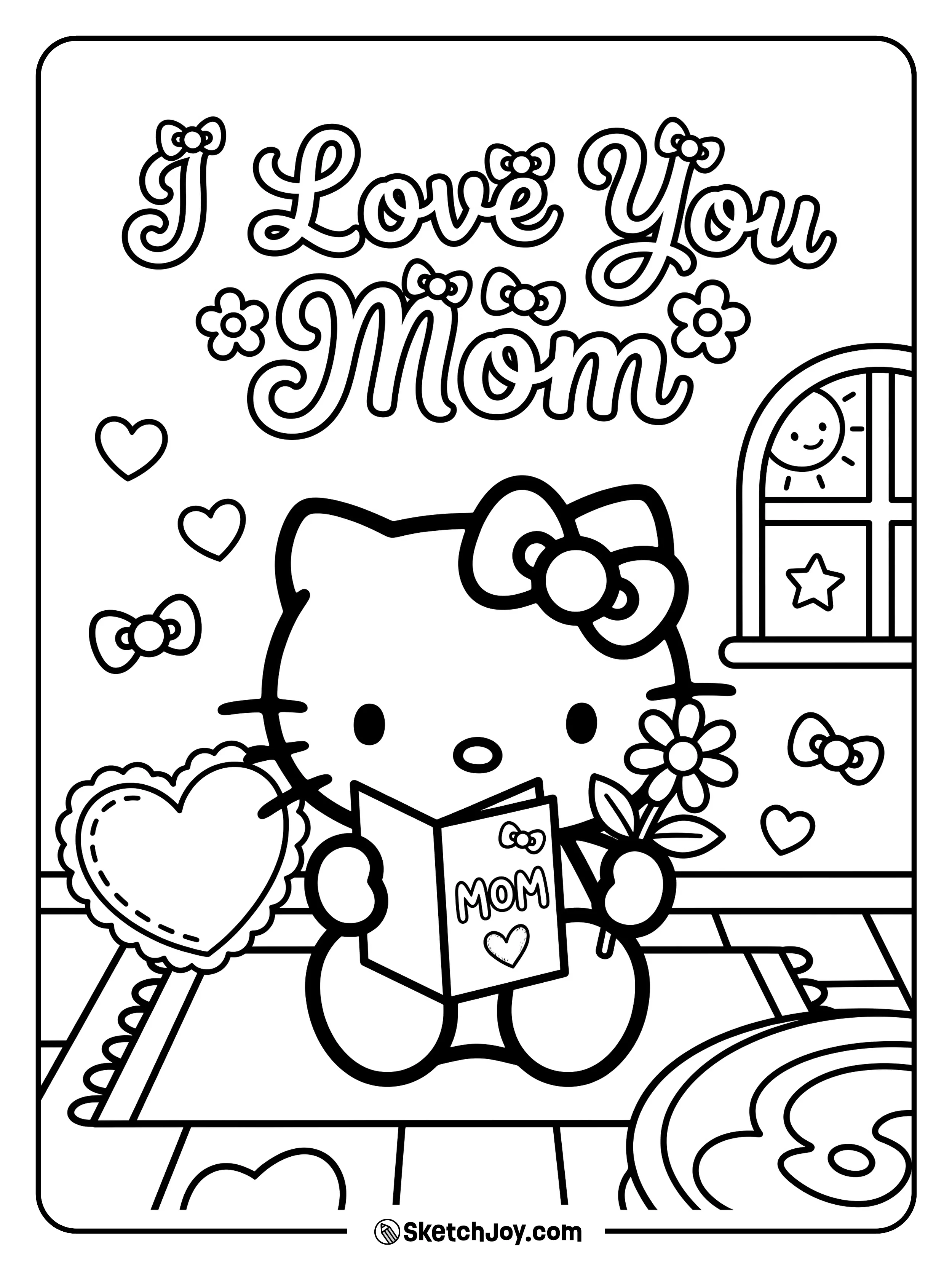 Hello Kitty holds a sweet card and a flower for Mom.